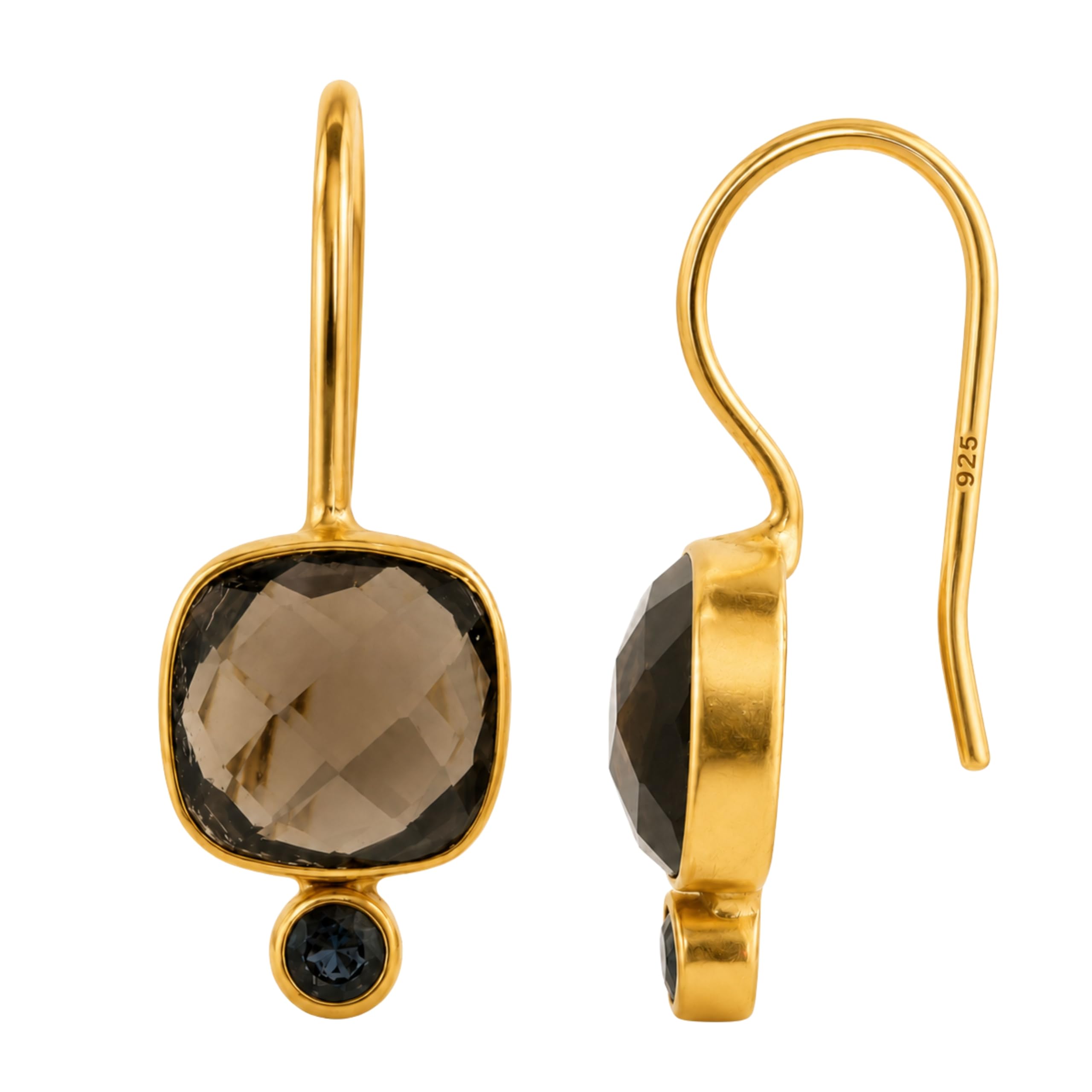 Pendientes de plata de ley 925 con baño de oro y cuarzo ahumado y topacio azul de Londres