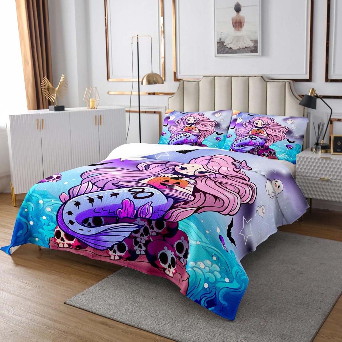 Halloween Mermaid Bedspread Full,Gothic Skull Pumpink Ghost Watercolor Halloween Quilted Coverlet 3pcs for Adults Teens Room Decor,Cartoon Animals Wild Bats Ocean Theme Bedding Quilt