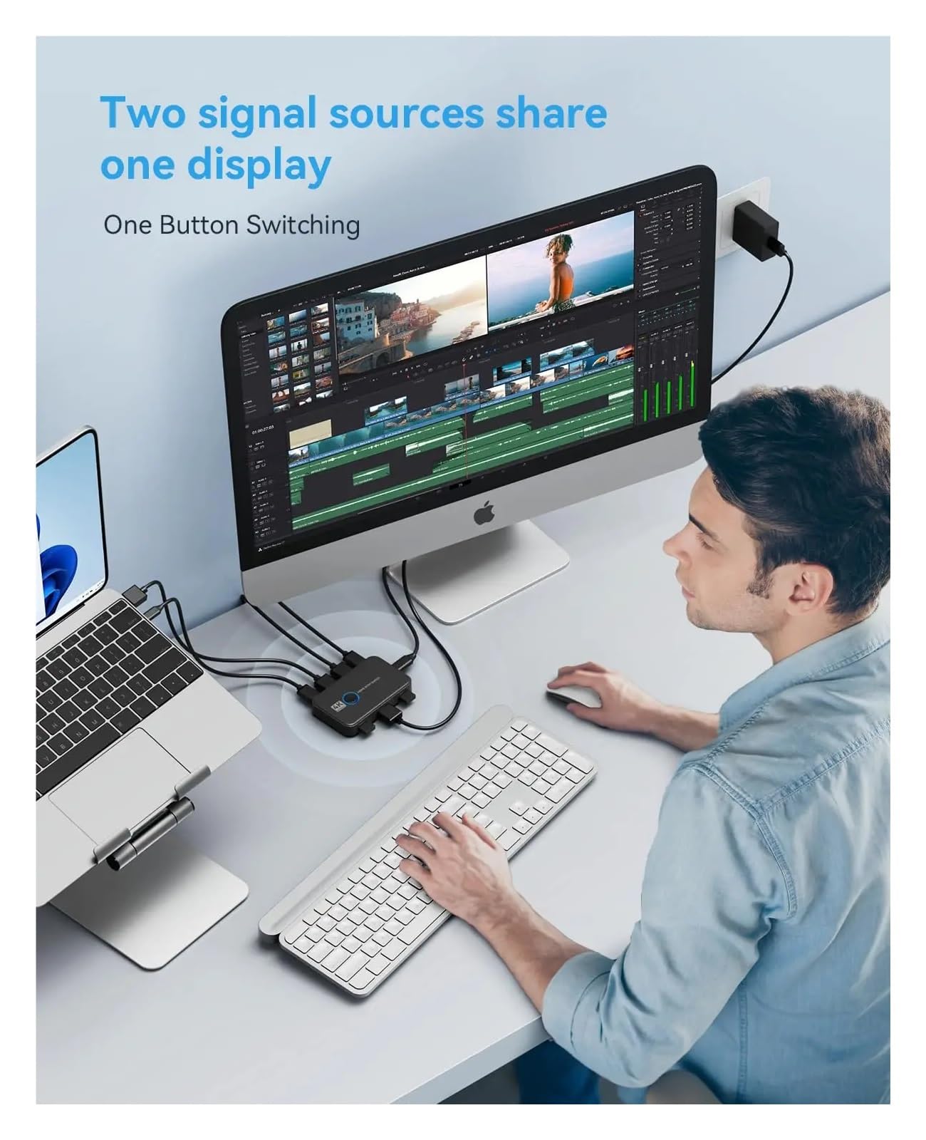 Przełącznik KVM 2 wejścia 1 wyjście dla 2 komputerów udostępniających jeden monitor HD i klawiaturę i mysz, obsługa 4K@60Hz między 2 komputerami