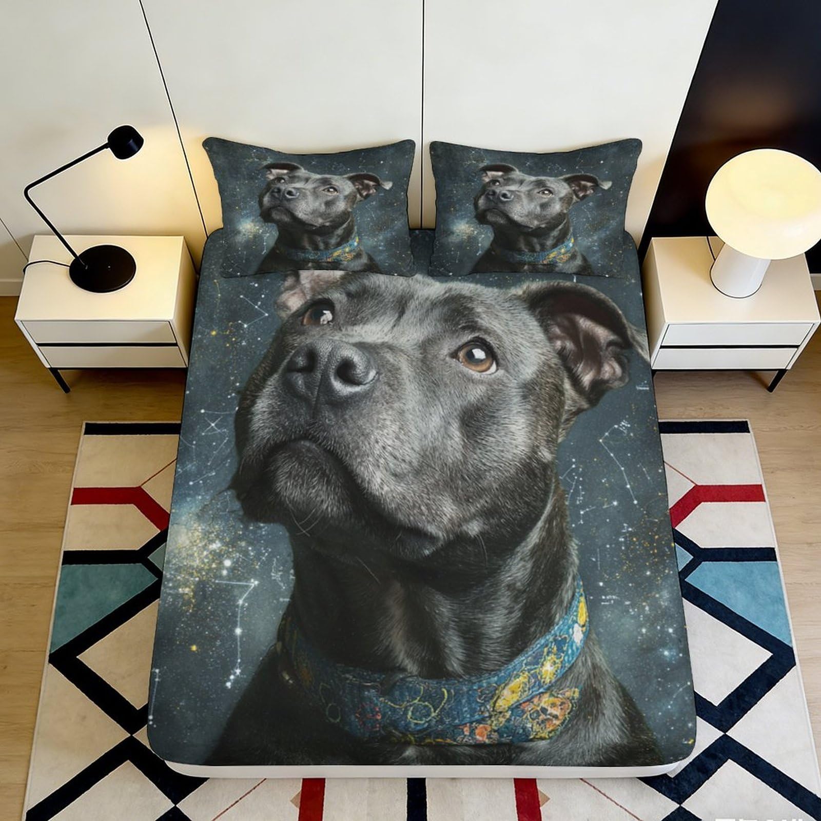 3D Printed Black Dog Portrait Fitted Sheet Microfiber Mattress Cover for Bedroom Dorm Decor Protection 90x200x25cm