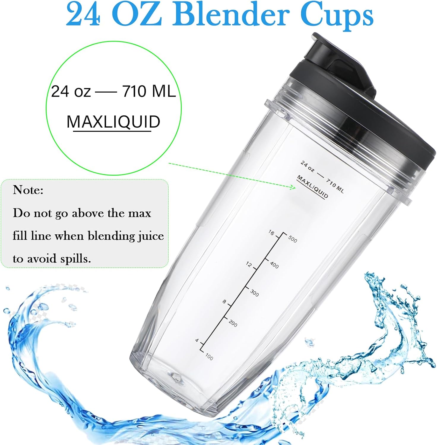 Blender Replacement Parts Compatible with Ninja Auto iQ BL682-30 BL642-30 BL482-30 BL687CO-30 BN401 BN751 BN801 BL2012 NN102, 24oz Blender Cups with To-Go Lids 7 Fins Extractor Blade for Ninja Blender