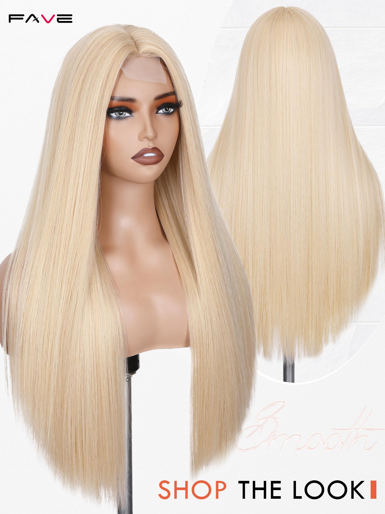 FAVE Peruka blond, 65 cm, damska, długa, odporna na wysokie temperatury, syntetyczna peruka z iluzoryczną koronką, przedziałek na środku, do noszenia na co dzień, do cosplay