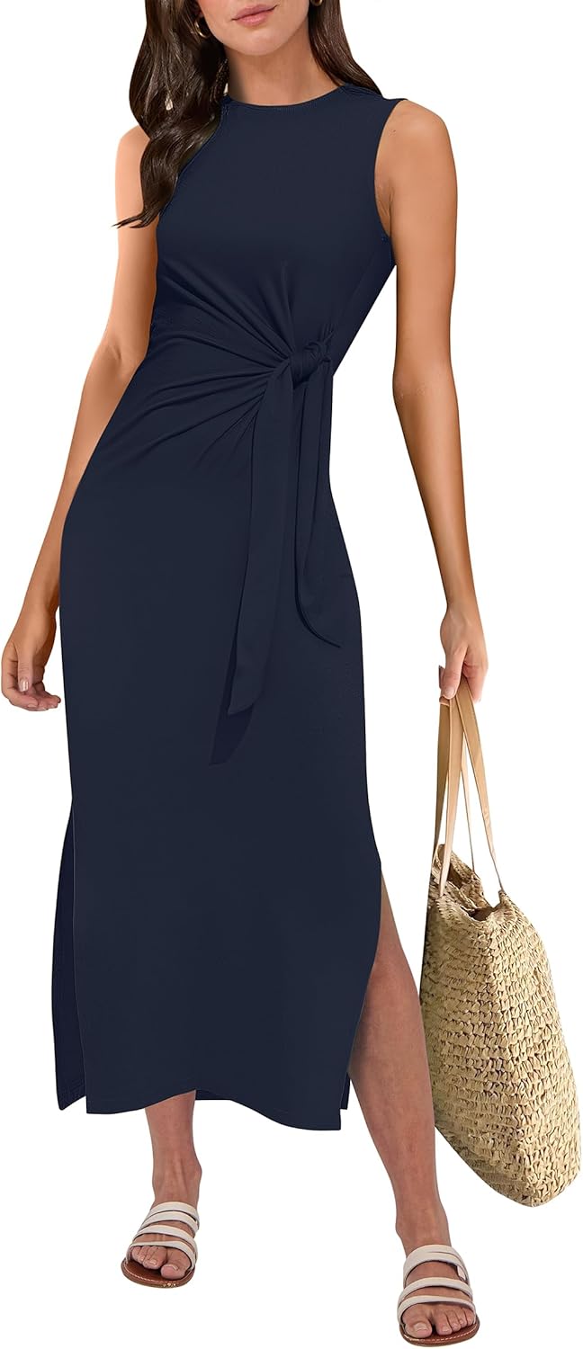 ANRABESS womens summer casual sleeveless dress with tie waist