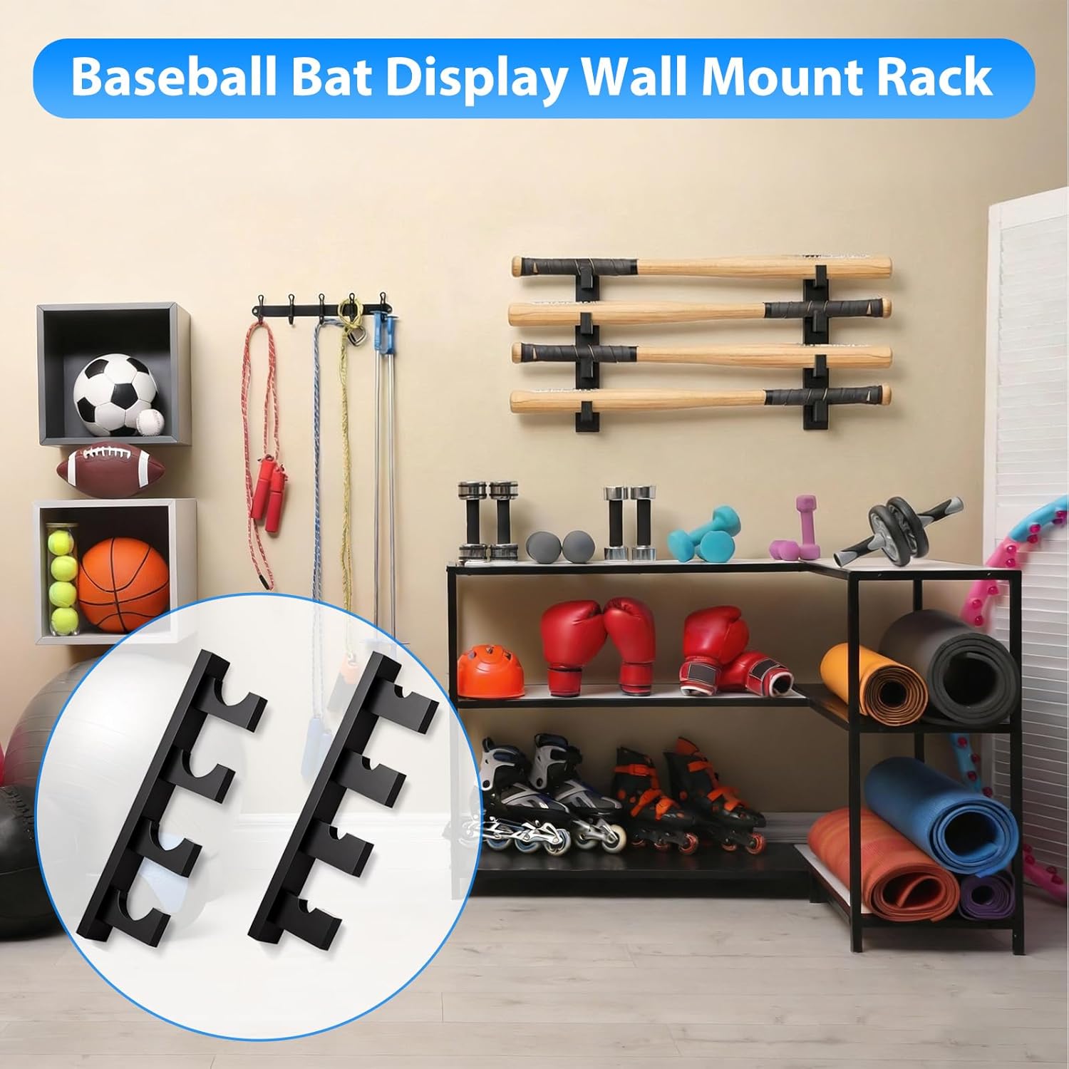 Threehoney 4 Deck Baseball Bat Display Wall Mount Rack Wooden Baseball Bat Holder Horizontal Hanger Stand with Protective Liner for Softball Sport Memorabilia Collectible Souvenir, Black, 15 Inch