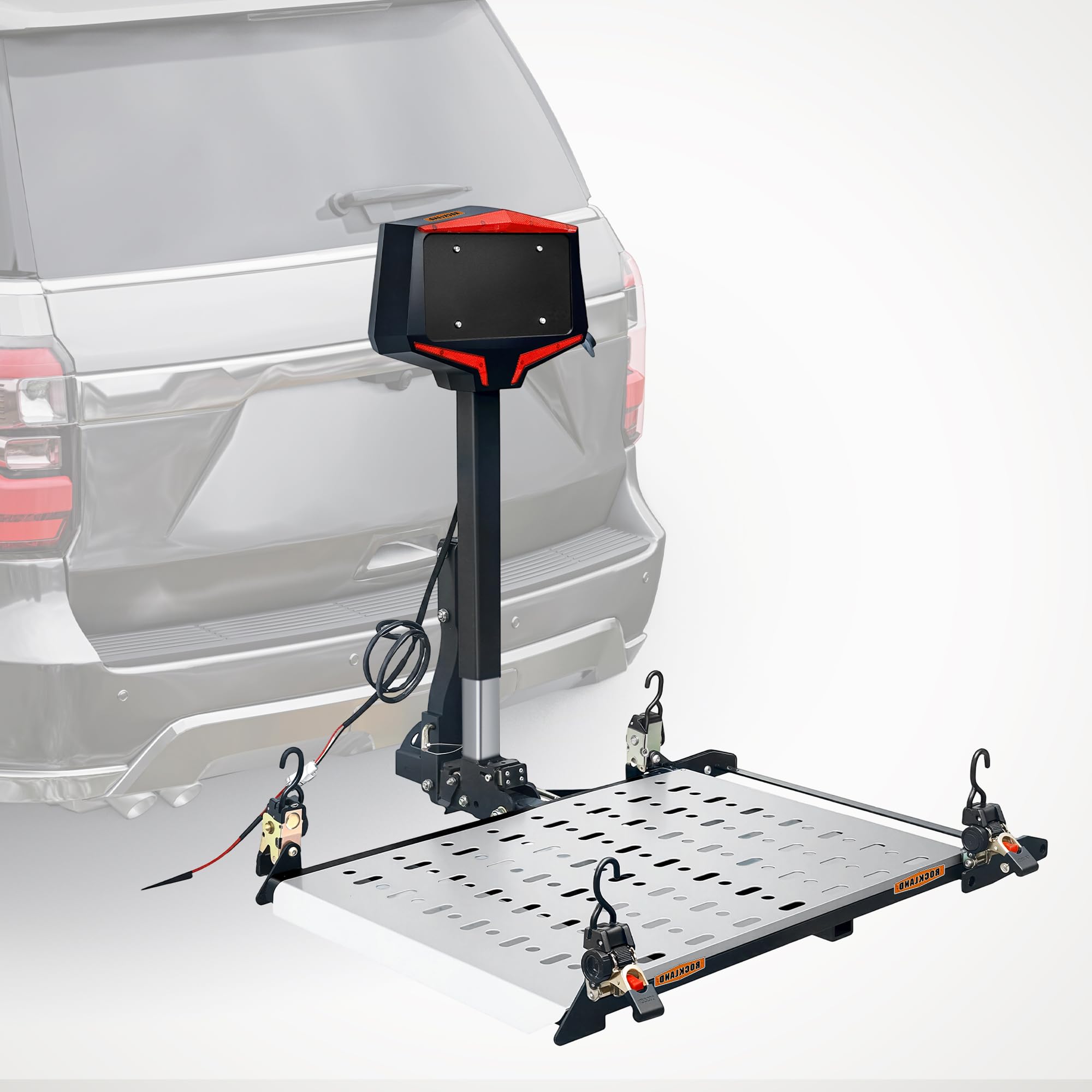 Rockland Hitch-Mounted Foldable Electric Wheelchair Carrier, 350 lbs Capacity, with Lift, Retractors, LED Warning Light, Manual Backup Crank AMD Plate Holder, Fits 2