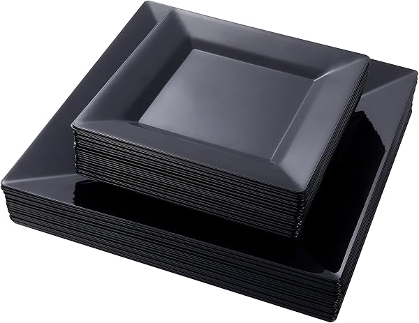 N9R 60 Pack Black Square Plastic Plates - Disposable Plates include 30pcs Dinner Plates 9.5Γ’β¬β’Γ’β¬β’ and 30pcs Square Dispo