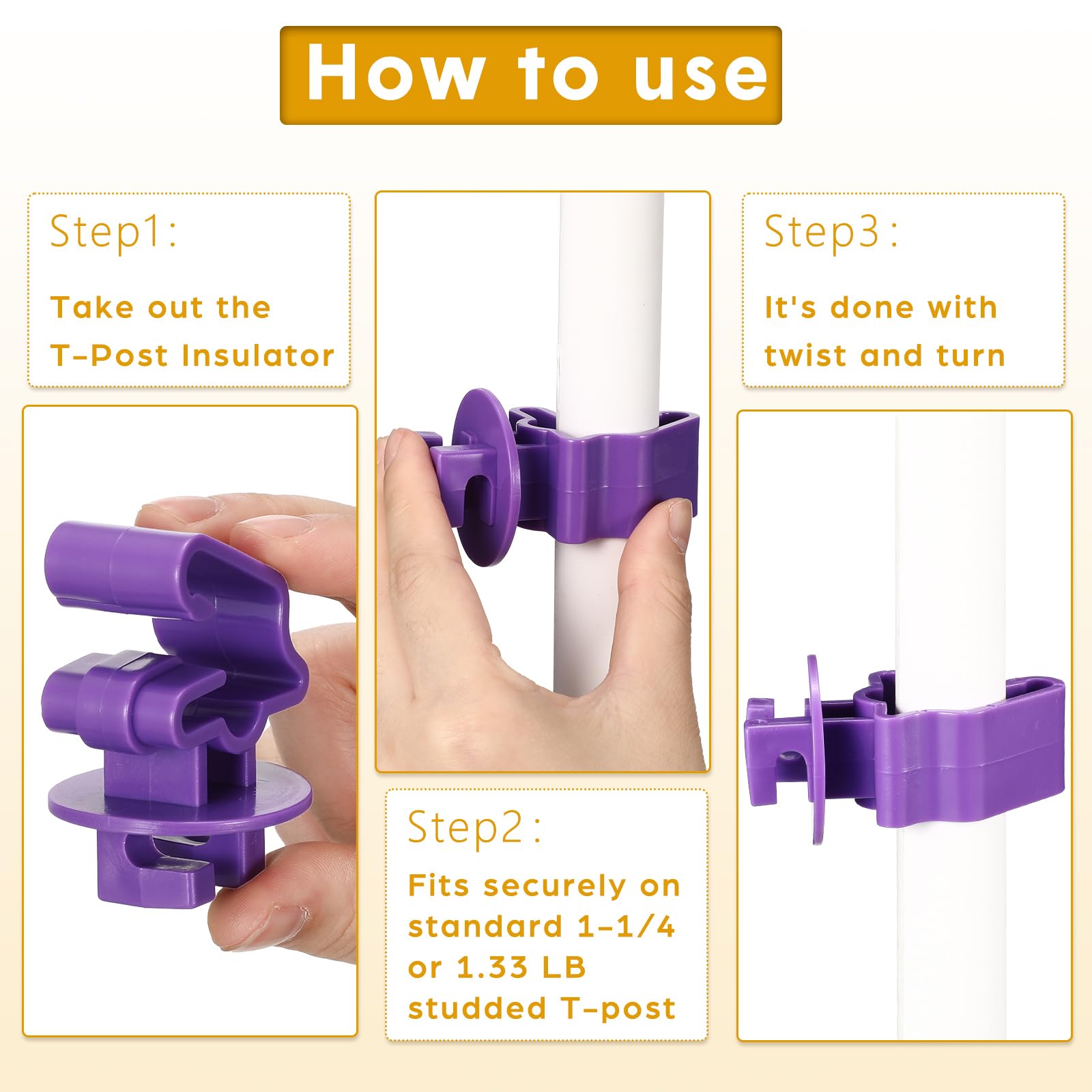 Geiserailie 200 aisladores de postes en T, postes de valla eléctrica, aisladores de valla eléctrica, alambre estándar de ajuste cómodo, clips de poste en T para ganaderos agrícolas (morado)