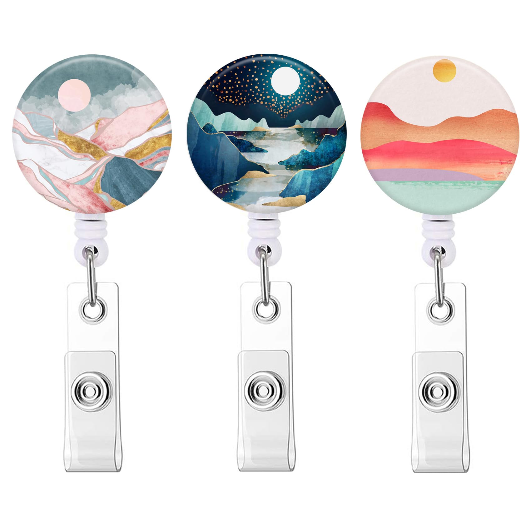 Badge Reel Retractable Cute ID Card Badge Holder with Sturdy Alligator Clip Name Nurse Decorative Badge Reel Clip on Card Holders (3 Pack Mountains &