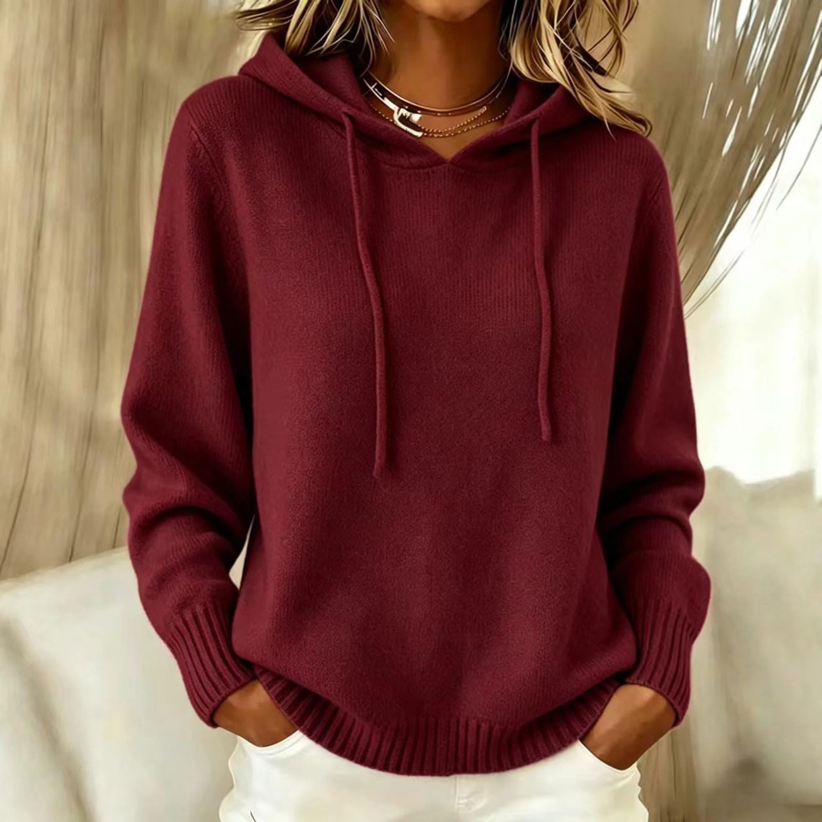 Felpa Donna Con Cappuccio Tinta Unita Lavorata A Maglia Manica Lunga | Sweatshirt Con Coulisse Slim Fit Aderente Pullover Top Vestibilità Comoda Maglione Morbida E Confortevole Per Tempo Libero