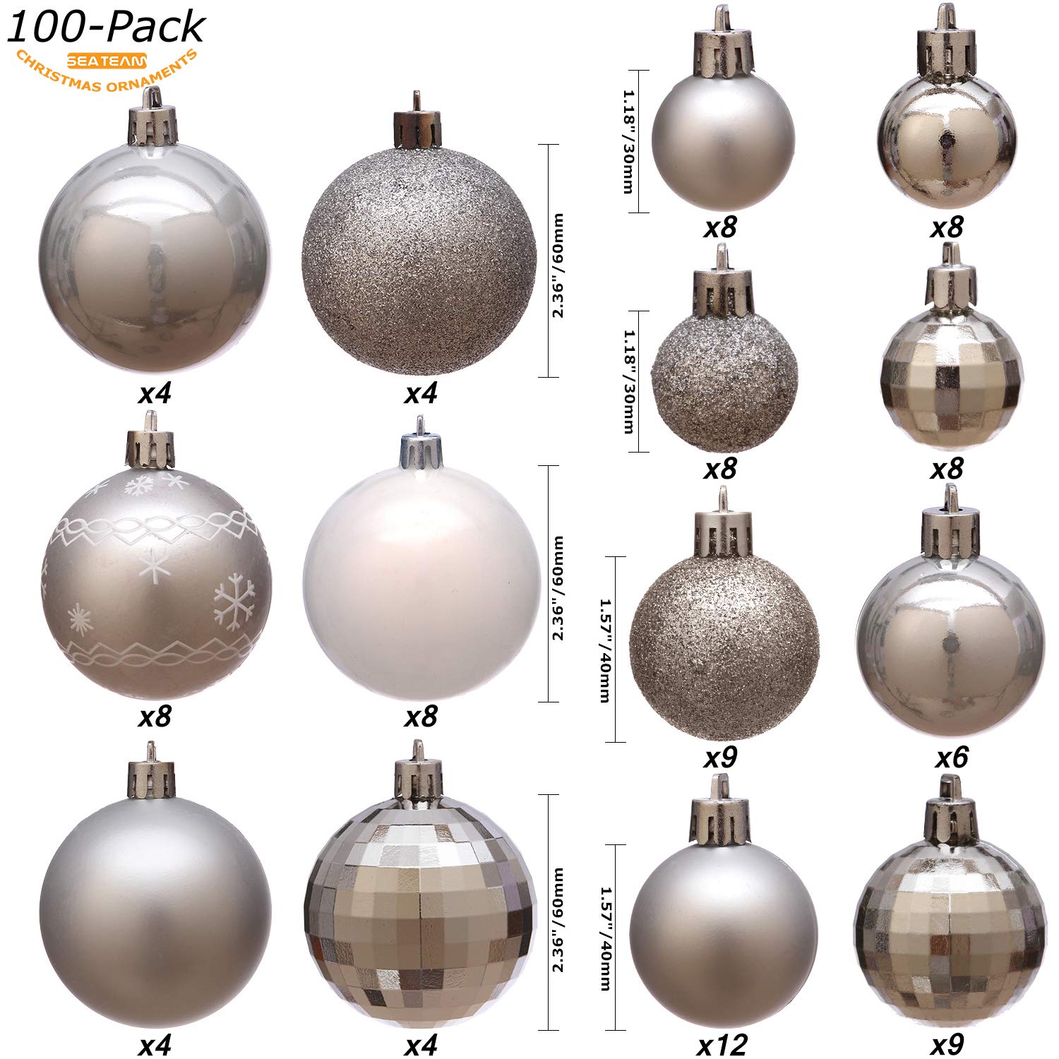 Sea Team 100 palline miste per l’albero di Natale antiurto e infrangibile in confezione regalo, ornamenti per festa, riutilizzabile, col manico portatile, arreda l’albero di Natale | Con confezione regalo, per albero di Natale, decorazioni natalizie