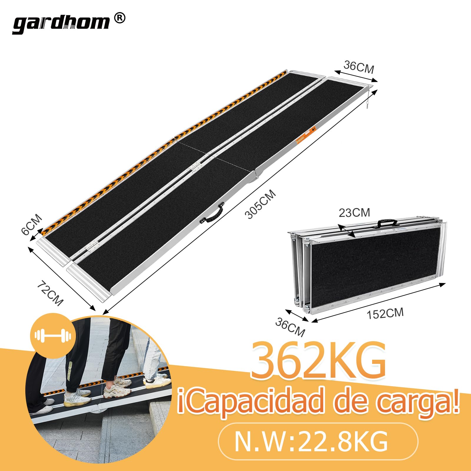 gardhom Rampas para sillas de Ruedas de 305 cm, Extra Anchas de 72 cm, Plegable, portátil, Antideslizante, de Aluminio, para umbral de Puerta, escalones, escaleras, Capacidad de Carga de 362 kg
