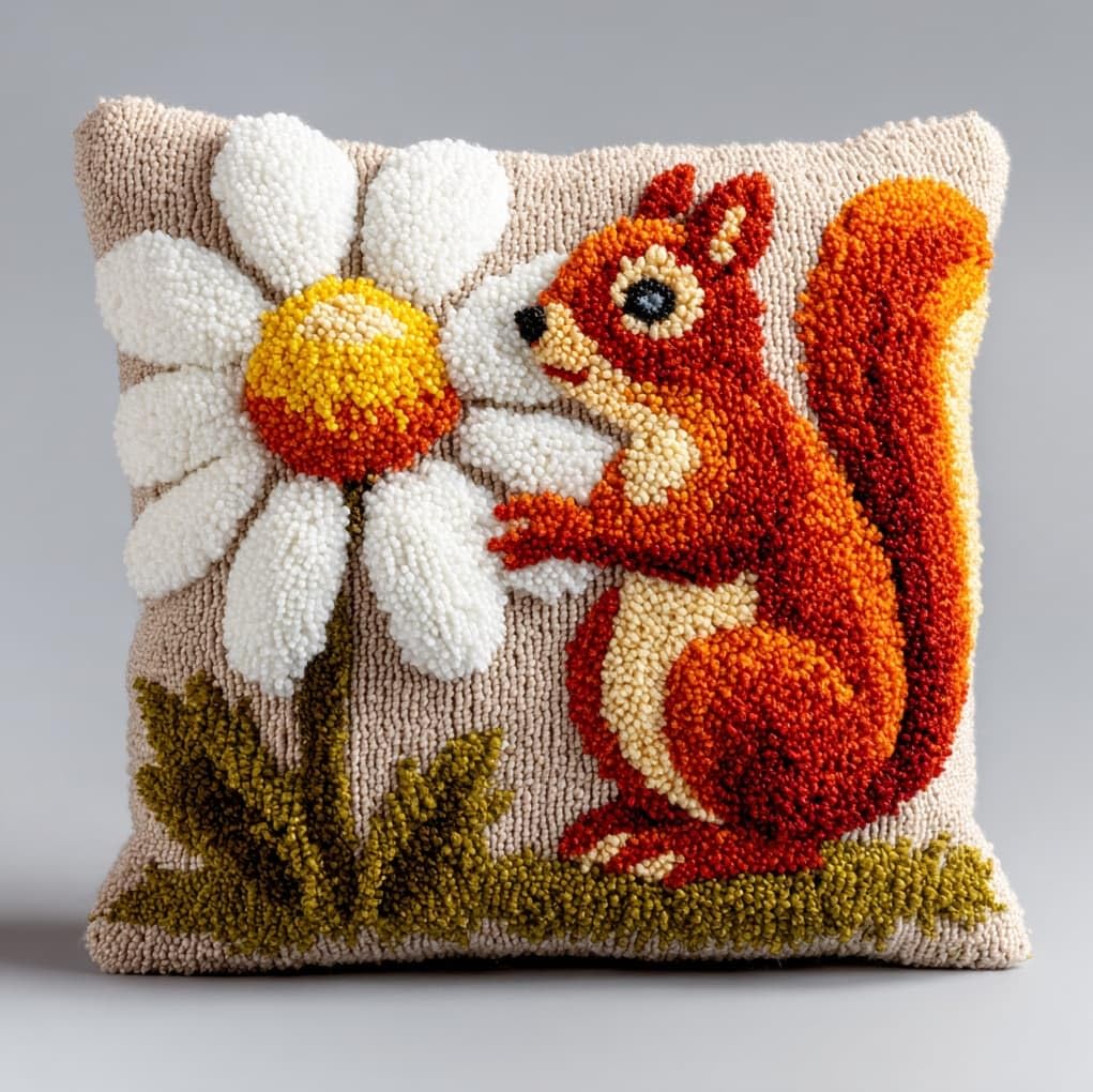 WallustrioaW Latch Hook Cushion Kits for Adults,Flowers and Squirrels,Latch Hook Pillow Case Kits Handmade Kids Parents Gift,17x17in