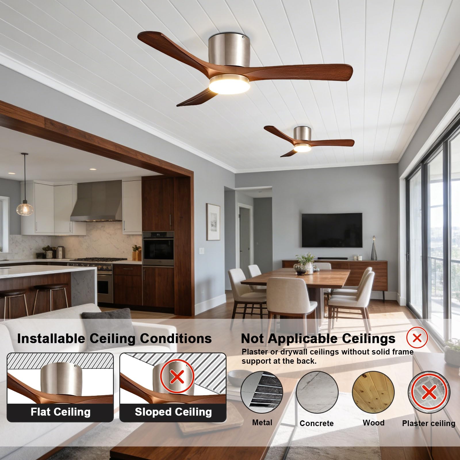 Ventilatore a soffitto in Legno di Noce con la Luce Ventilatori silenziosi Moderni LED dimmerabile per la Sala da Pranzo della Camera da Letto Living Smart Remote/App/Voice Control