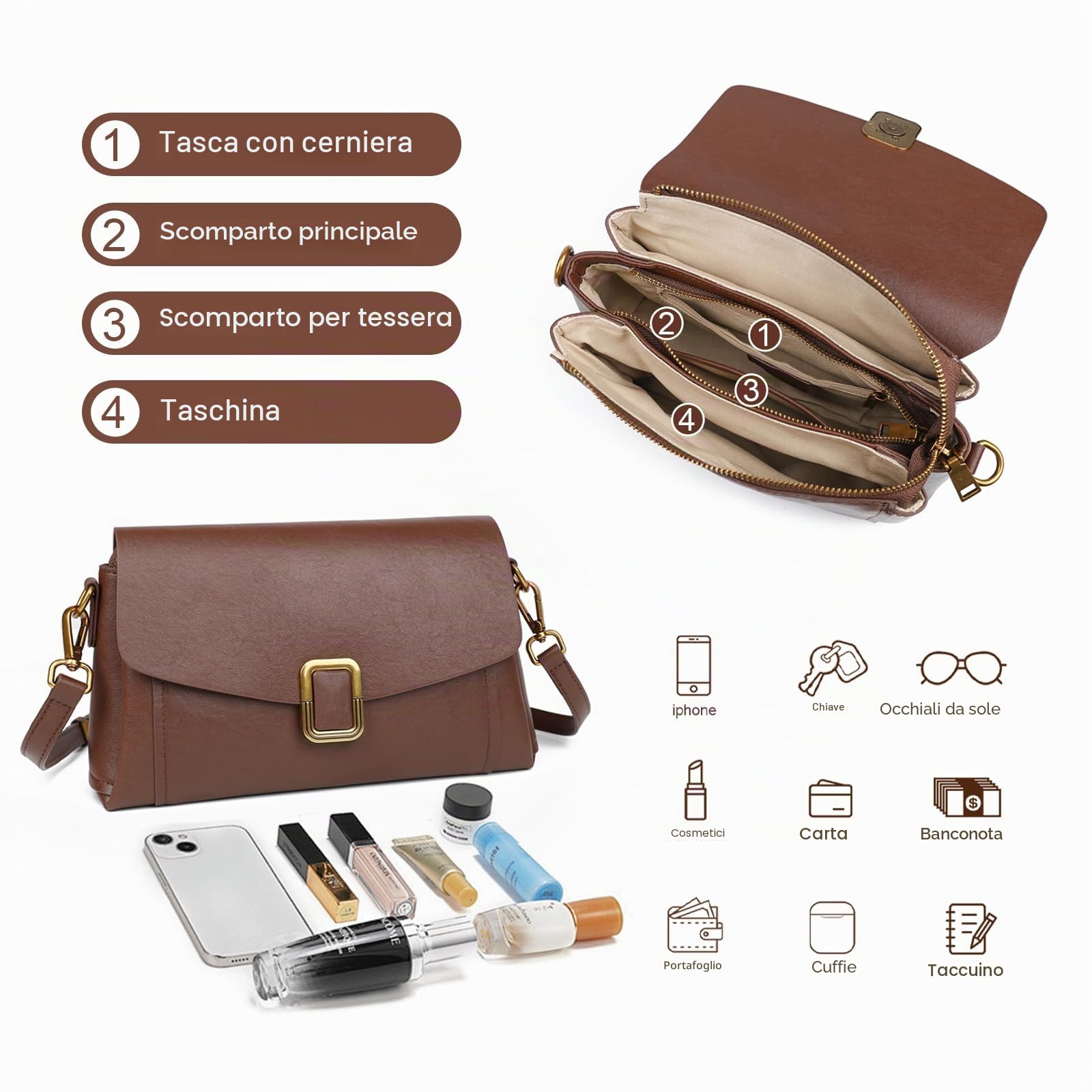 Borsa Tracolla Donna in Vera Pelle, Spallina Regolabile | Vera Pelle, 2 Tracolle Rimovibili, Stile Satchel, Compatta e Leggera, Per Viaggi, Uso Quotidiano, Lavoro e Regalo