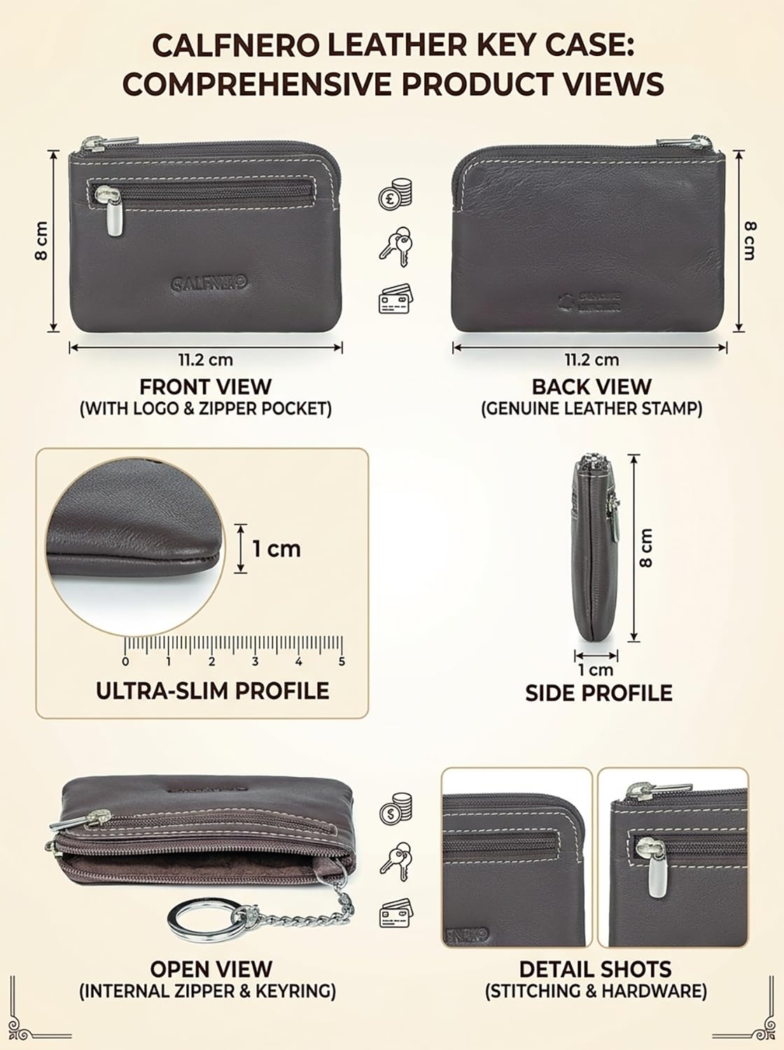 CALFNERO Genuine Leather Key Case & Coin Purse for Men and Women | Premium Chocolate Leather Key Holder Wallet with Zipper | Compact Key Organizer, Coin Pouch & Cash Holder | Unisex Everyday Carry 3