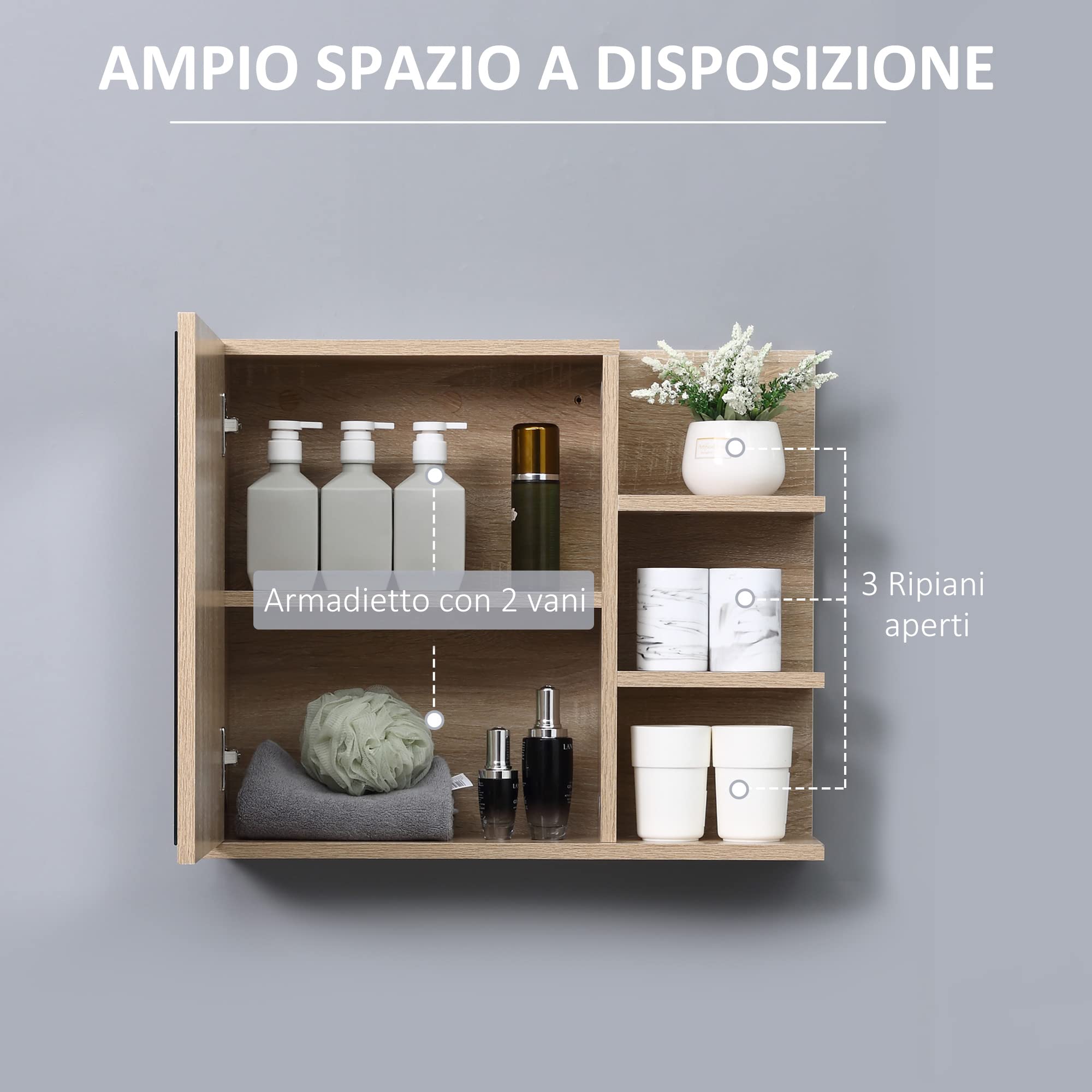 kleankin Set Arredo Bagno 2 Pezzi Specchiera Sottolavabo Color Legno | Mobile Specchiera con 3 Ripiani Aperti, Mobile Sottolavabo con 2 Ripiani Aperti e Armadietto, Truciolato e Vetro