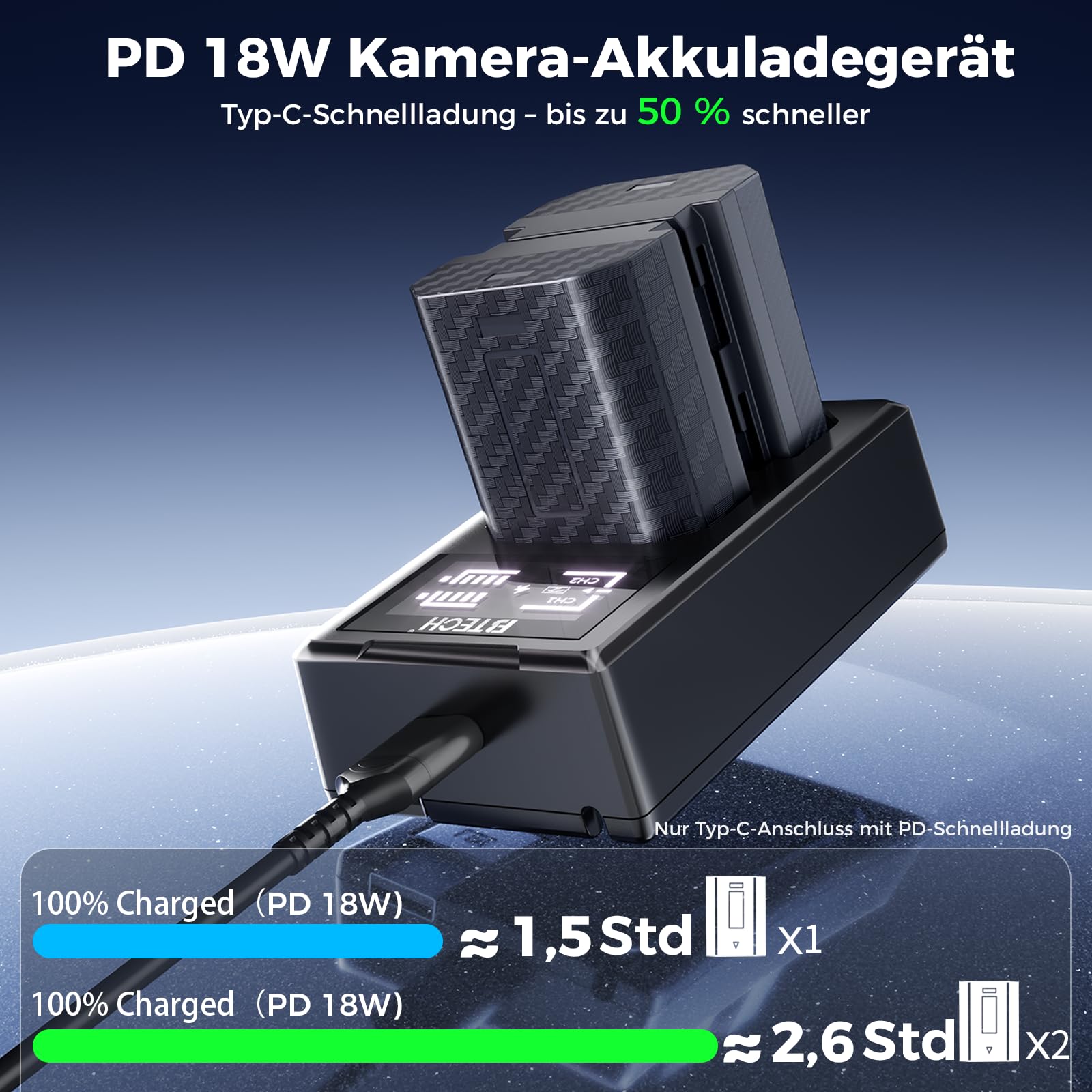 BTECH NP-FZ100 Akku 2600mAh 2er-Pack mit USB-C PD 18W Dual Schnellladegerät, kompatibel mit Sony A7 III, A7 IV, A7R III, A7R IV, A7R V, A7C, A7S III, A9, A6600, A6700, FX3, FX30