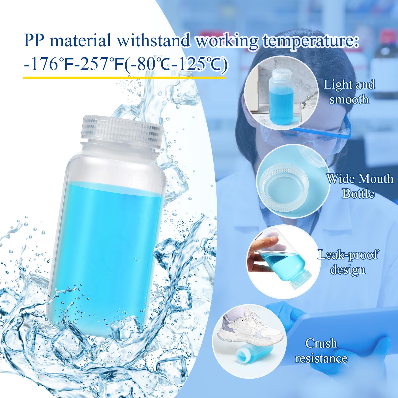 Tatuo 36 botellas de muestra de plástico de 250 ml, botella de reactivo de boca ancha, contenedor de muestras de agua, contenedor de plástico multiusos con tapas, herramienta translúcida de