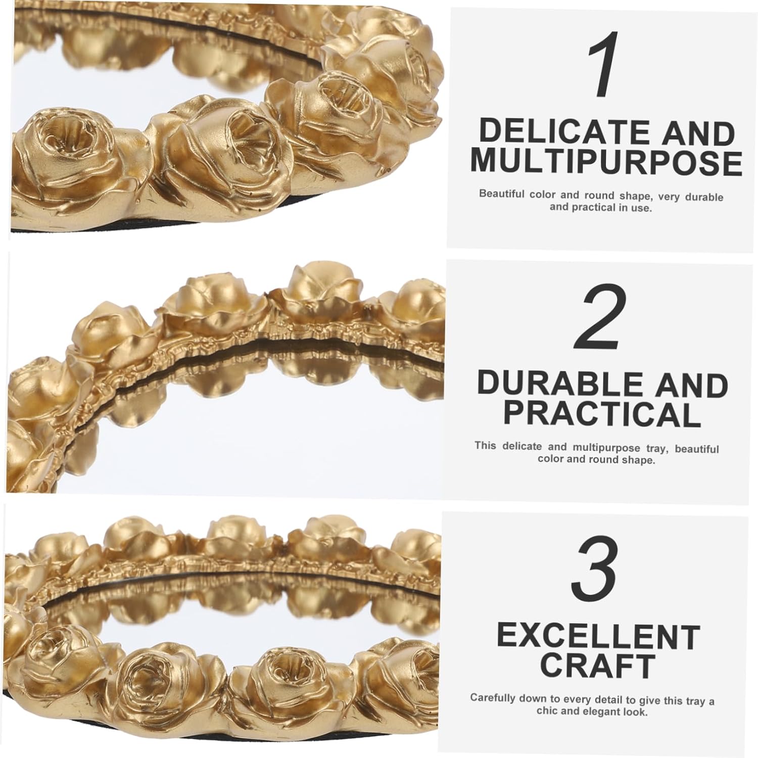 VOSAREA Mirrored Rose Flower Decorative Tray for Jewelry Snacks Perfume Elegant Vanity Organizer for Home Decor Round Design Floral Edging for Dressers and Bathrooms