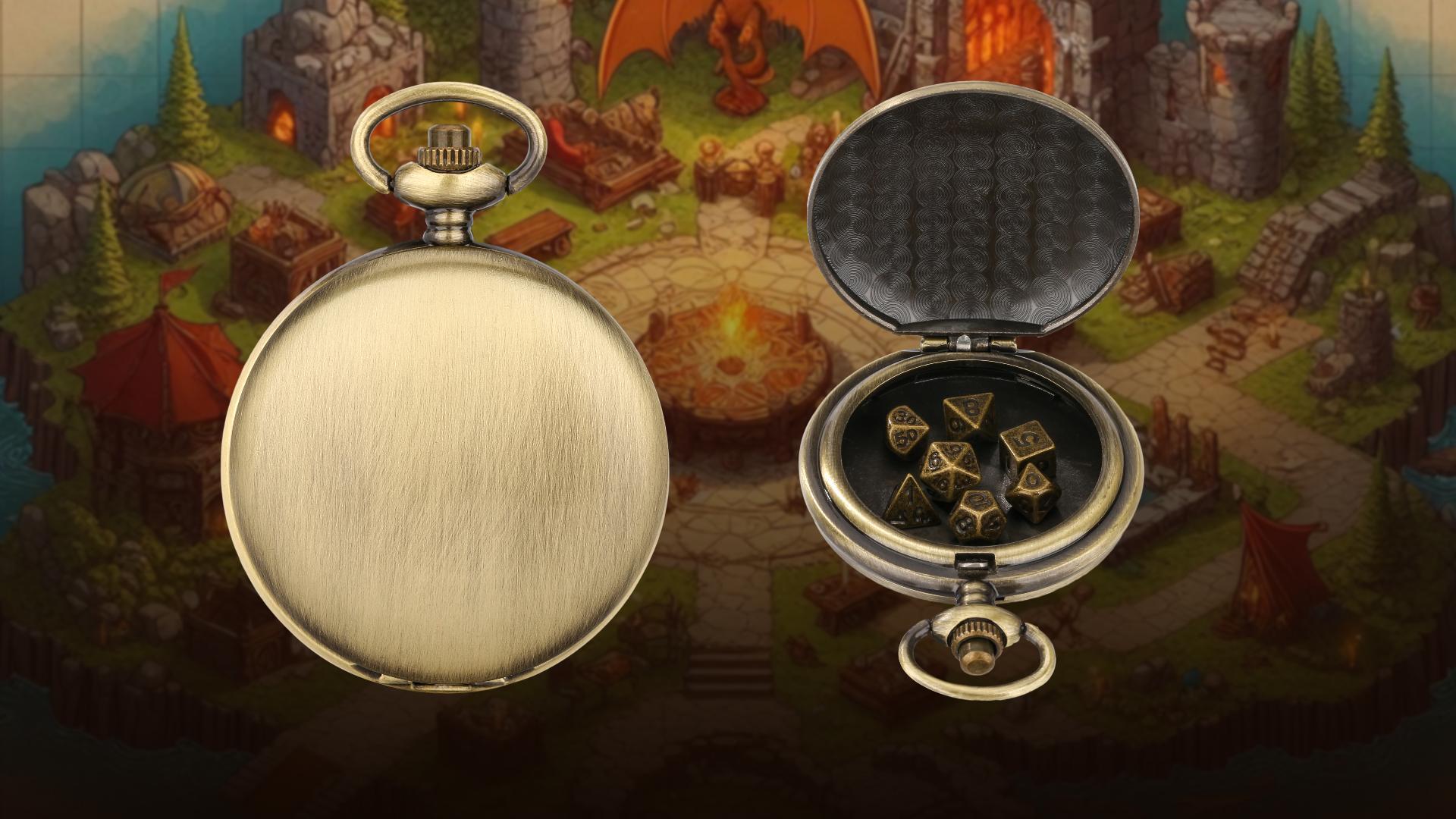 Mini Dés D&D Métal 7 Pièces + Coquille Montre De Poche Hache - Set Bronze Avec Chaînes & Coffret Cadeau