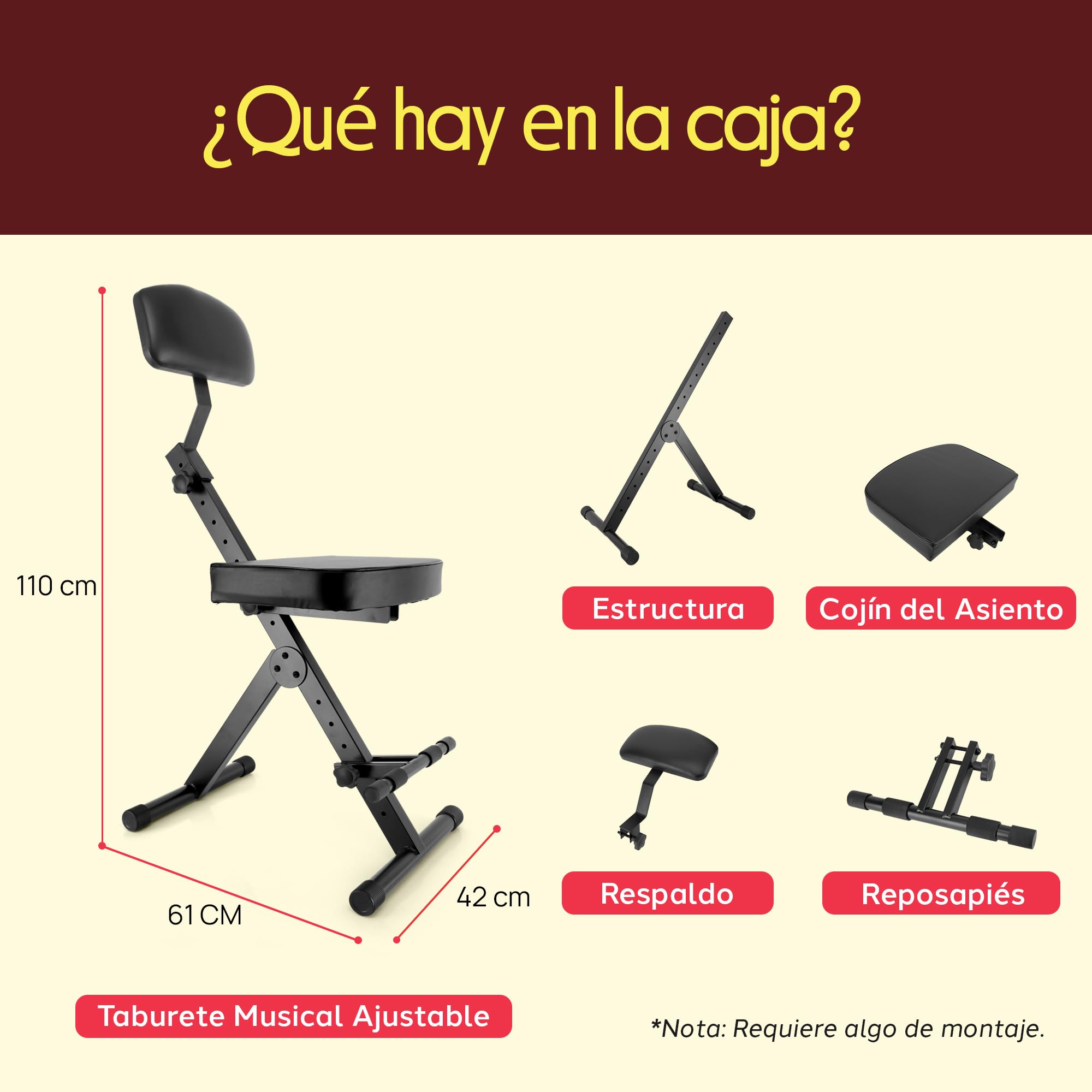 Pyle Taburete Guitarra, Silla bateria, Portátil, Ajustable, para músicos Plegable, Asiento y Respaldo Acolchados, Reposapiés