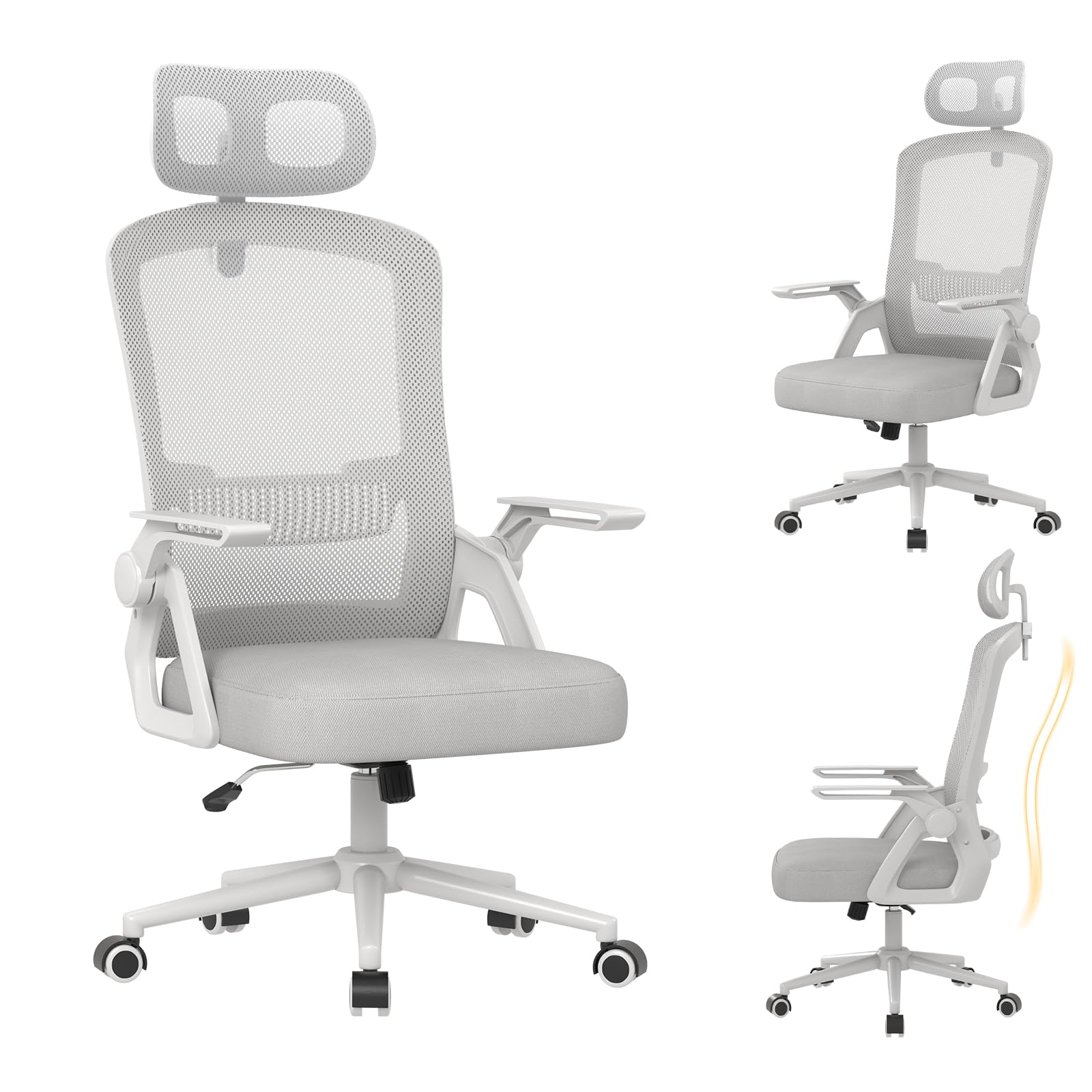 naspaluro Ergonomic Office Chair, Desk Chairs with Lumbar Support Headrest Adjustable, Flip-up armrests Comfy Seat Cushion High Back breathable Mesh Chair, Computer Chair for Home/Office-Grey