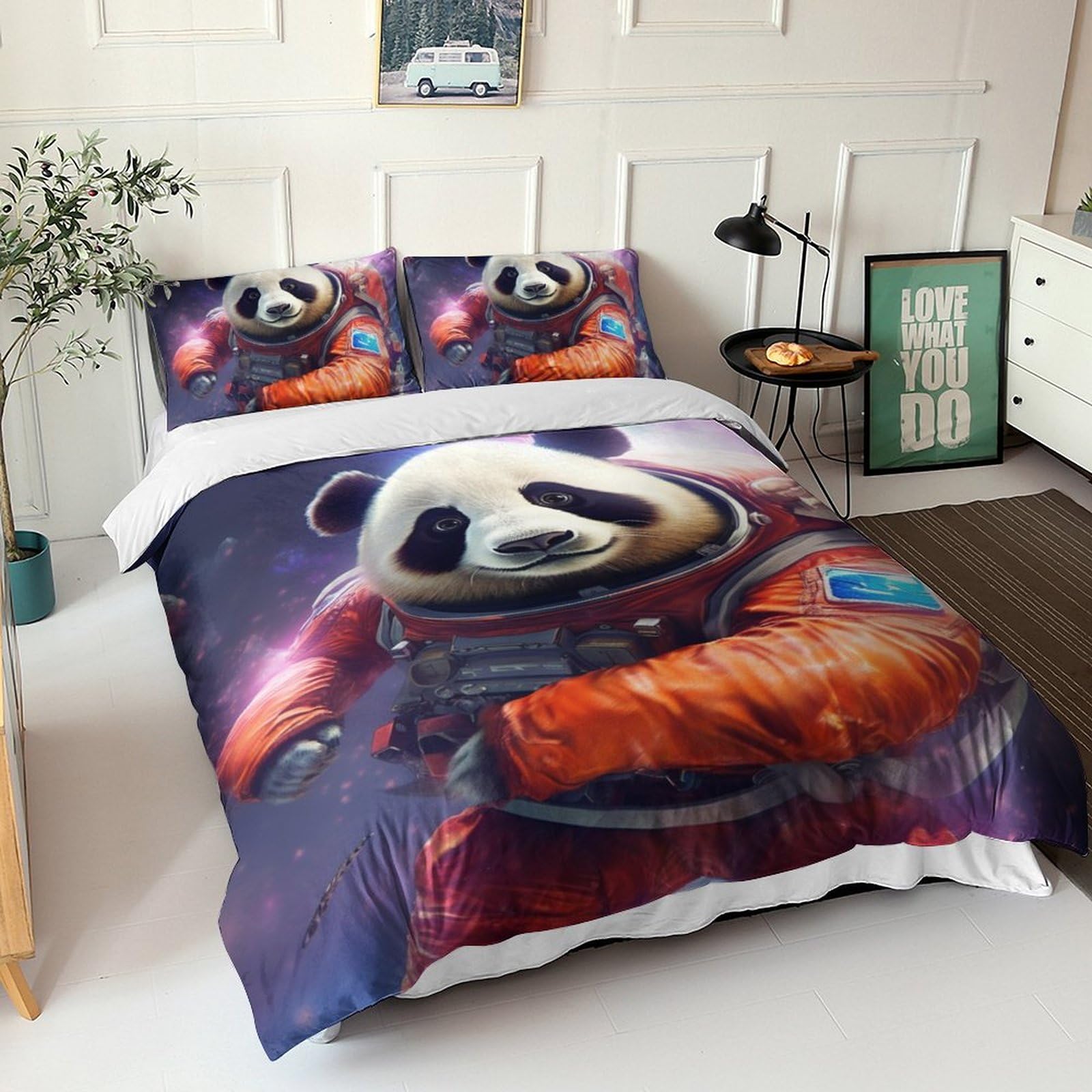 Parure de lit 220x240 space panda ensemble housse de couette king size 3 pièces avec taie oreiller