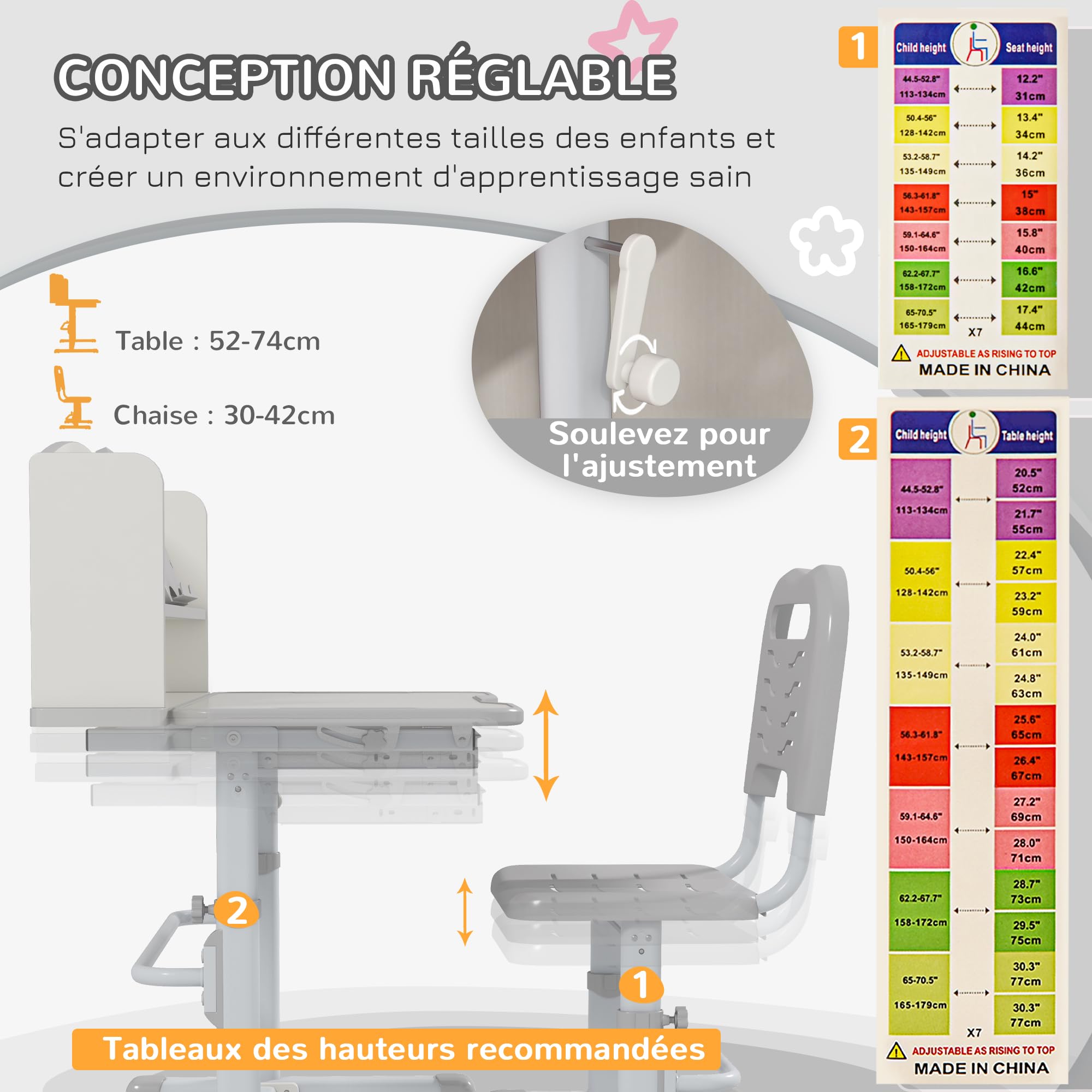 ZONEKIZ Bureau Enfant Avec Chaise en Acier - Hauteur Réglable, Étagère, Tablette Coulissante Multi-Rangement, Inclinable 45° - Gris Blanc