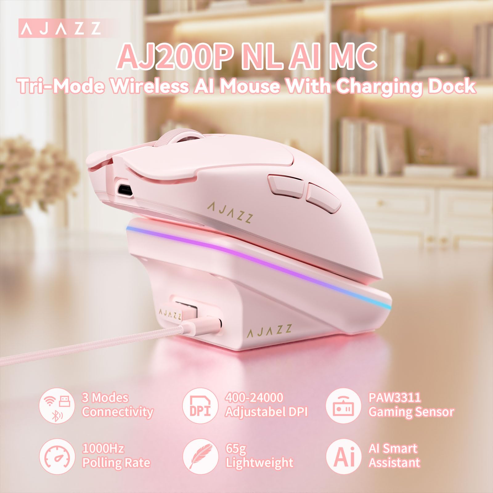 A.JAZZ AJ200P Bezprzewodowa Mysz Obsługuje AI Prompt & RGB Stację Dokującą | Mysz komputerowa BT/2,4G/Przewodowa, lekka, z funkcją AI Voice Typing, sensorem PAW3311, 24K DPI, 1000Hz biura/gier - Różowa