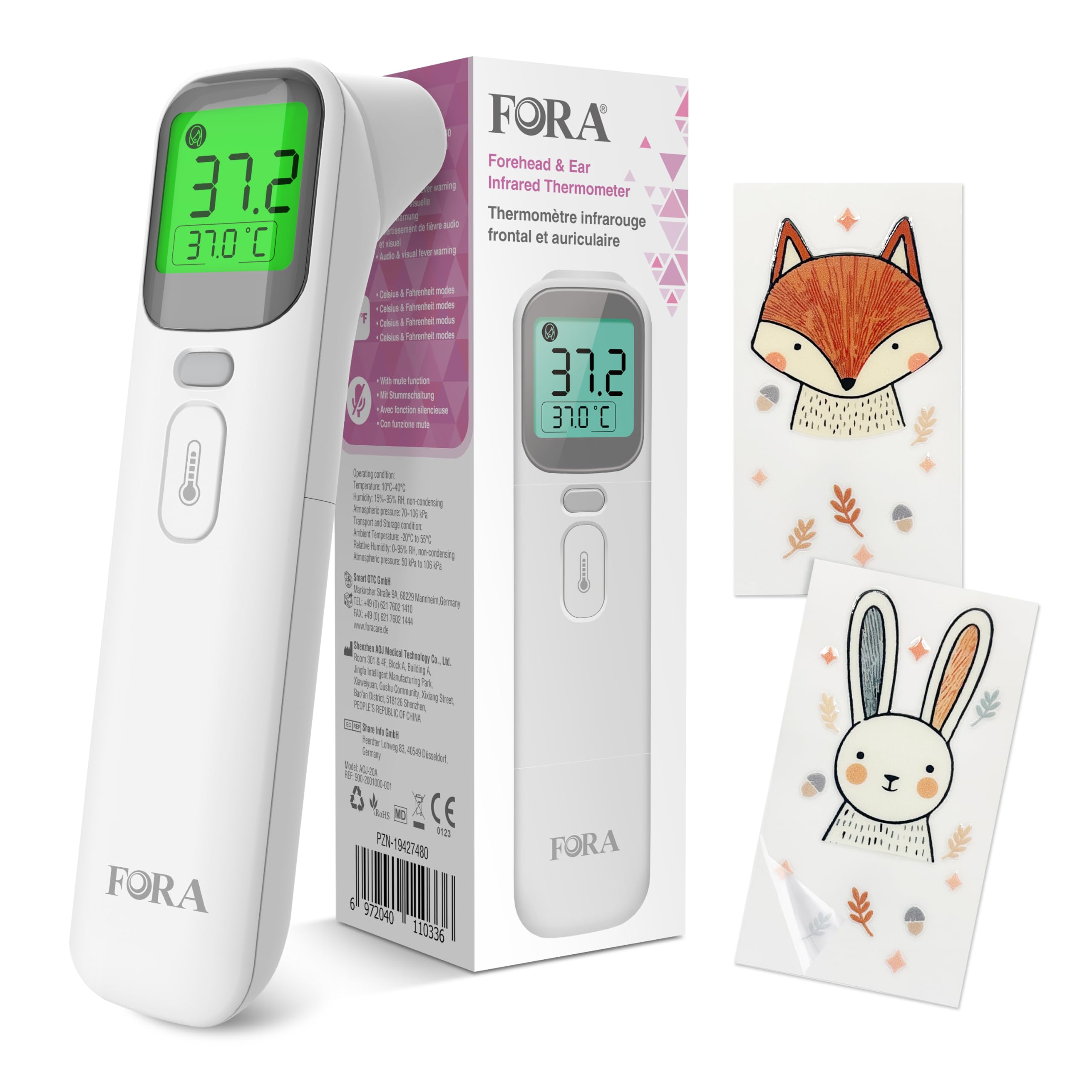 FORA Termómetro aural y frontal para bebé, niño y adulto, multifunción digital con indicador de fiebre, modo silencioso, memoria, pantalla de 4 colores, compacto e higiénico