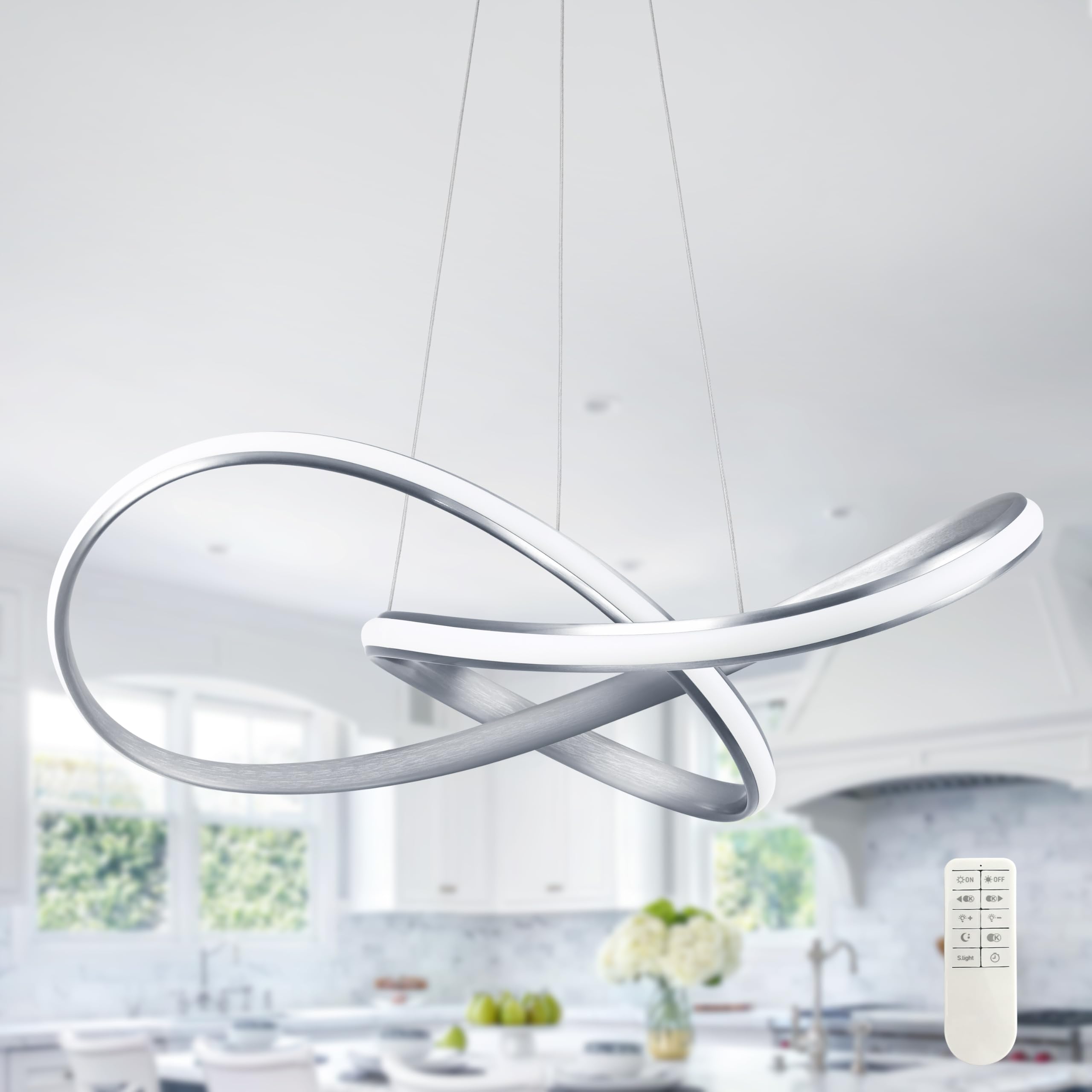Photo 1 of ******** Modern LED Pendant Light Fixture Contemporary Ring Chandelier Nickel with 3000K-6000K Dimmable Remote Control and 79in Height Adjustable for Foyer Living Room Bedroom Dining Room