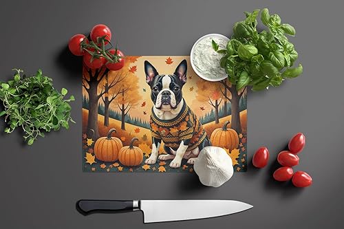 Miniatura 3 de Caroline's Treasures DAC1024LCB Boston Terrier - Tabla de cortar de vidrio de otoño grande decorativa de vidrio templado para cocina, tabla de