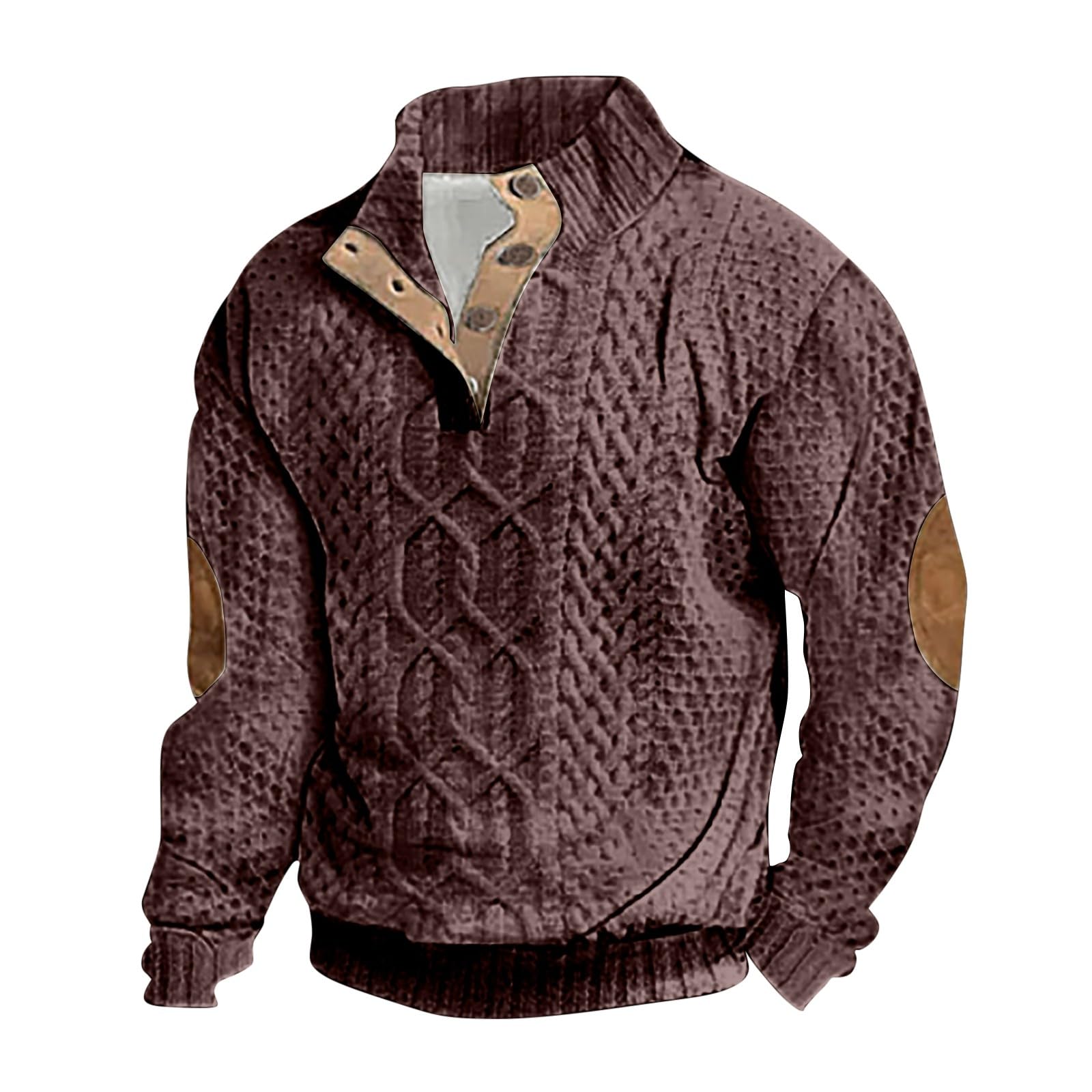 GenericMens Jacquard Pattern Half Button Sweatshirt Elbow Patch Long Sleeve Soft Pullover Loose Casual Comfortable Tops