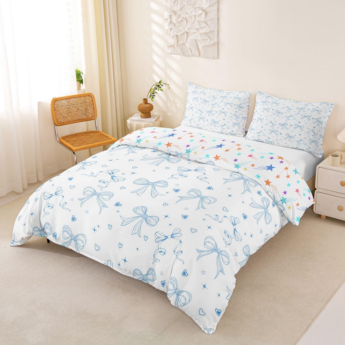 Homewish Set copripiumino per letto super king size con fiocco blu, per bambini, ragazze, adolescenti, donne, graziosi, cuori, stelle, decorazione