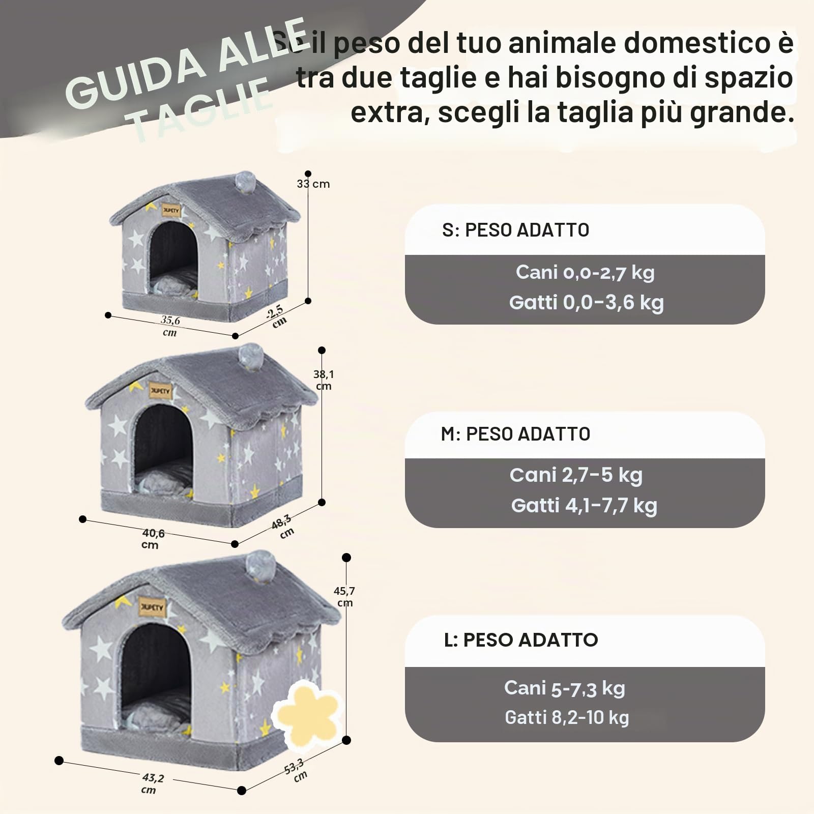 Jiupety Cuccia Cane Interno Chiusa Taglia Media con Motivo a Stella, Cuccia Pelosa per Cani da Interno Taglia L 53 x 43 x 46 CM, Dog House, Grey Star