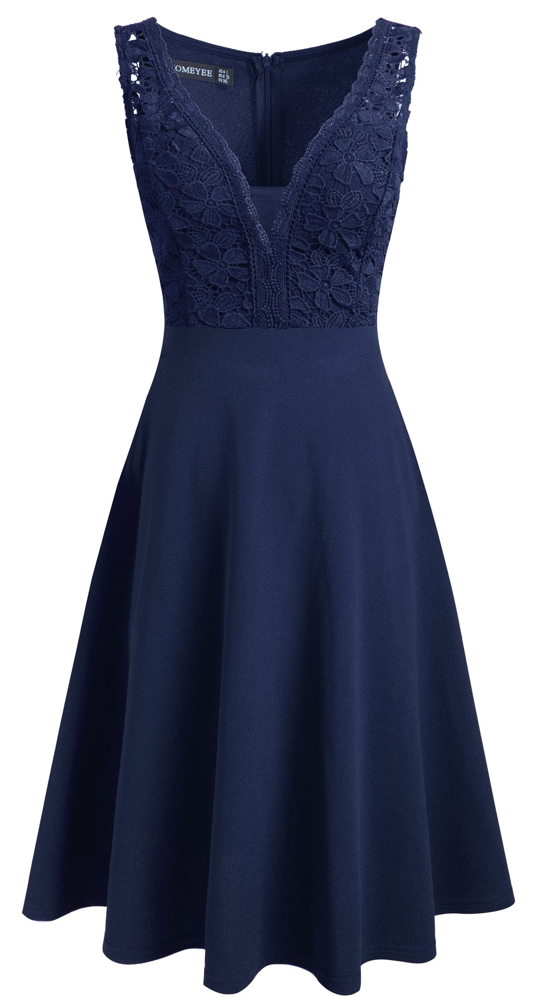 HOMEYEE Damen Vintage V-Ausschnitt Ärmel Blumen Spitze Swing Rockabilly Cocktailkleid A288