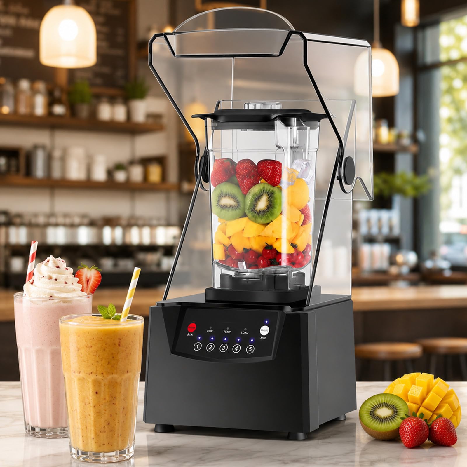 pealiritansemen Professional Blender for Crushing Ice, 2200W Commercial Smoothie Maker with Soundproof Cover, 1.8L Jug, 5 Preset Settings and Pulse for Juice Bars/Café/Club/Canteen