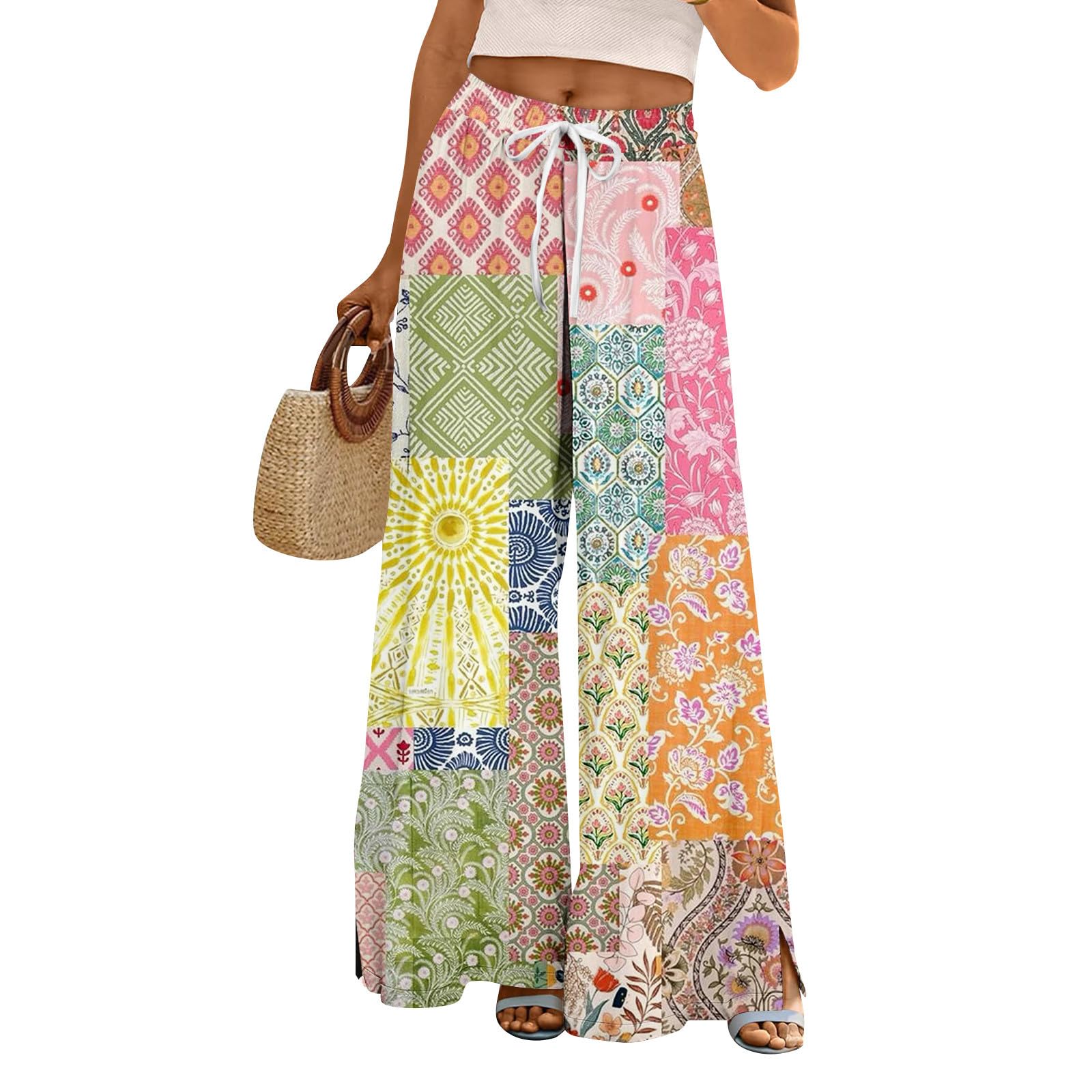 Womens Boho Wide Leg Palazzo Pants Casual High Waist Lounge Pant Beach Vacation Outfits