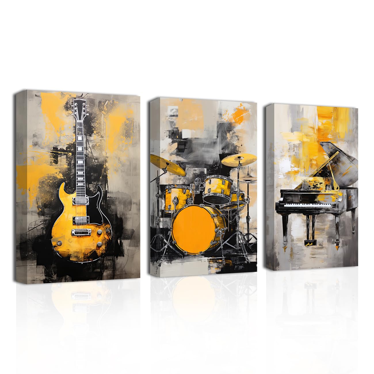 CXHOSTENT Musik Leinwand Wandbilder 3 Panel Klavier Gitarre Regal Trommel Kunstdrucke gelbe und graue Musik Poster abstrakte Musikinstrument Bilder (Music, 40.00 x 60.00 cms x 3PCS)
