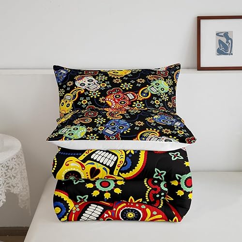 Miniatura 5 de Erosebridal Edredón de esqueleto bohemio tamaño King, juego de ropa de cama colorido de calavera de azúcar, decoración gótica, hippie, cachemira,