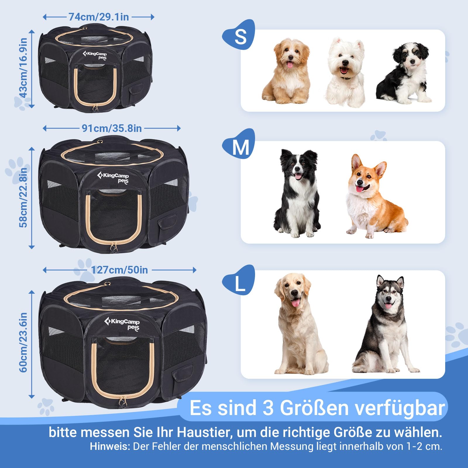 KingCamp Welpenlaufstall 74cm,Stabiler Hundelaufstall für Wohnung & Outdoor,Faltbar & Tragbar 600D Oxford Gewebe Welpenauslauf mit abnehmbarem Boden & 4 Heringen,Hundegehege für Welpen, Katzen