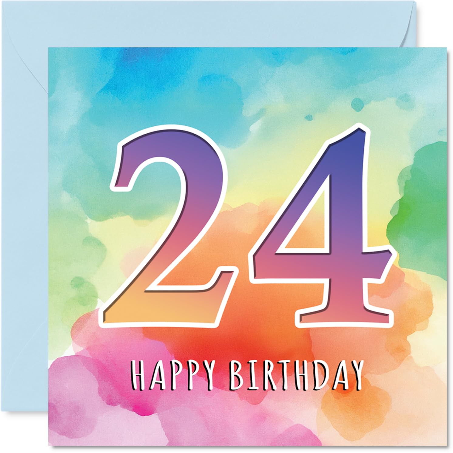 24th Birthday Cards for Men Women - Colourful Watercolour Age - Happy Birthday Card for 24 Year Old Man Woman Brother Nephew Auntie Friend, 145mm Bday Greeting Cards