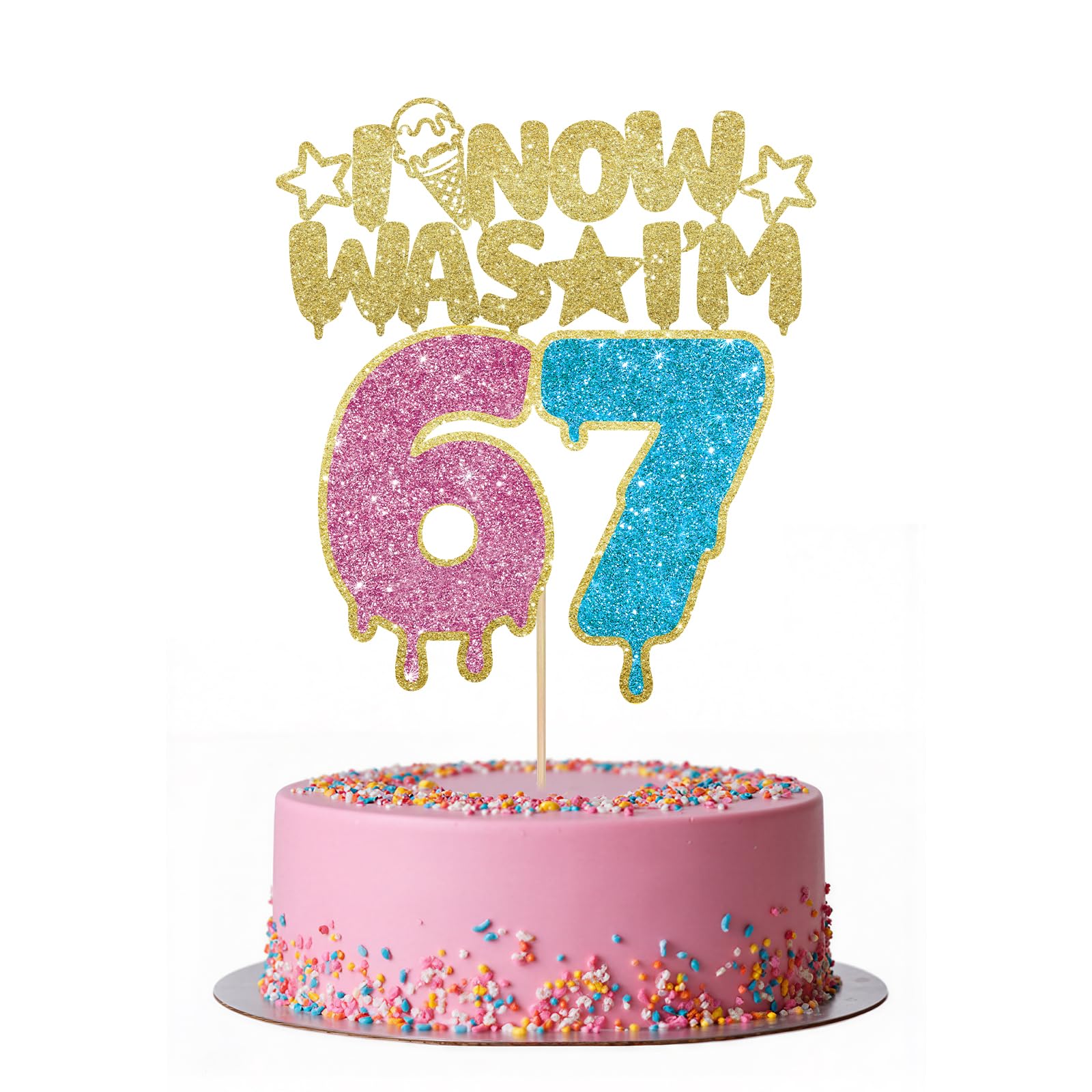 Colorato I WAS 6 NOW I'M 7 Cake Topper, 6 7 Birthday Decorations Cake Decor for Boy Girl 7 Years Old, Glitter 67 Happy Birthday Party Supllies, Pink+