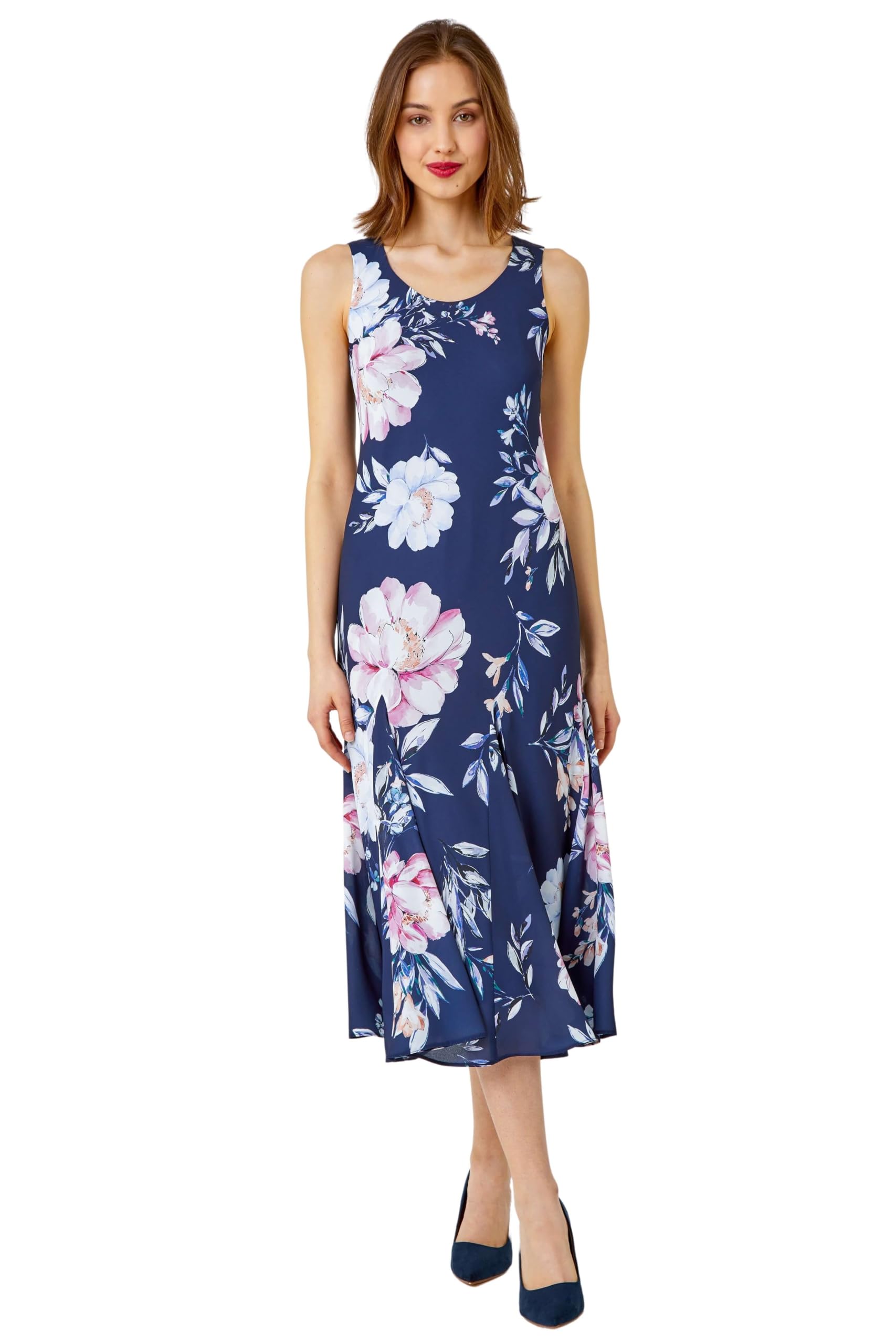Roman Originals Sleeveless Floral Print Bias Midi Dress for Women UK - Ladies Everyday Holiday Spring Summer Round Neckline Comfy Soft Evening Vacation Work Party - Navy Light Pink - Size 10