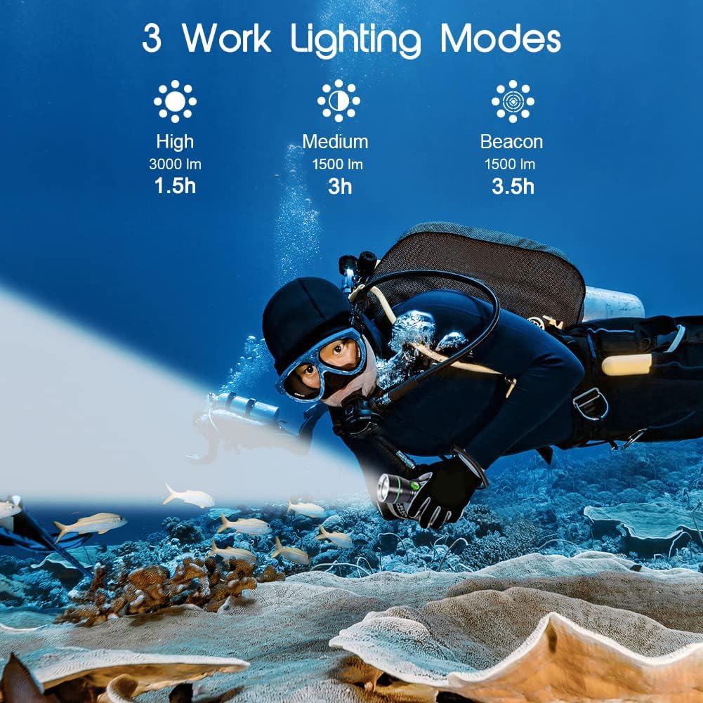 XHP50 Torce subacquee, 3000 lumen USB Vharger ricaricabile IPX8 Luce subacquea impermeabile, 3 modalità lampada di sicurezza, adatto per l'uso notturno in acque profonde Snorkeling