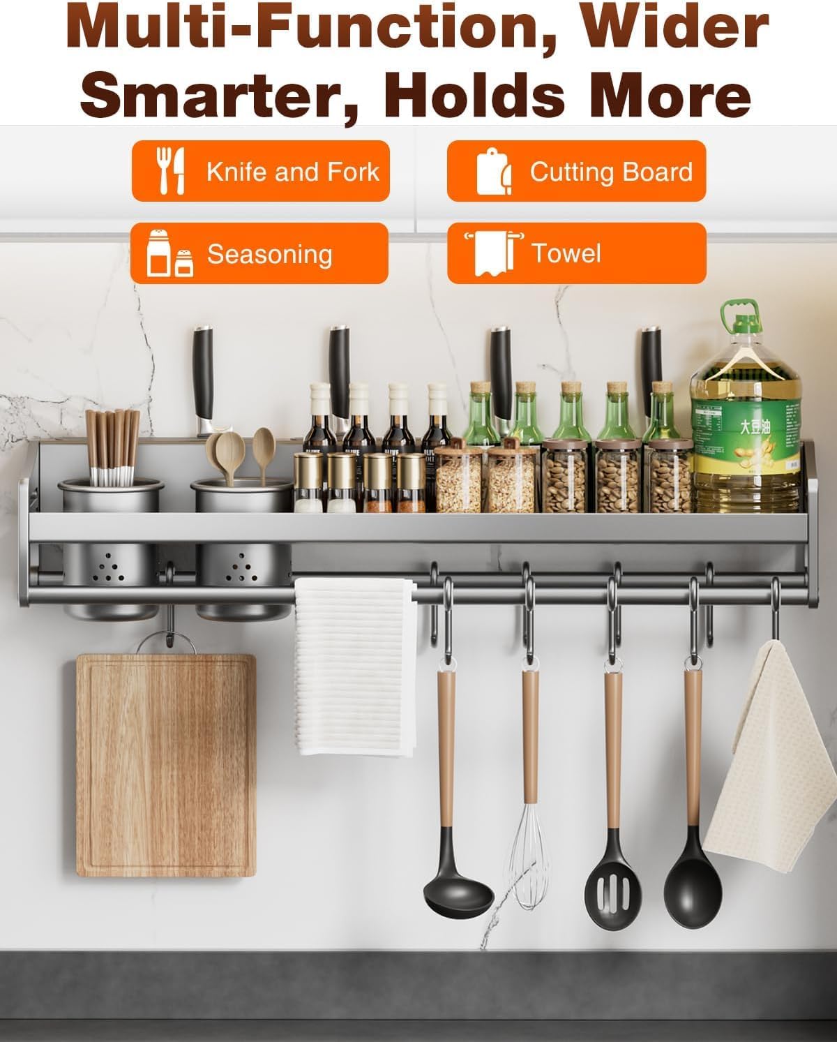 Wall Mounted Kitchen Rail Hooks, Waterproof Utensil Organizer, No-Drill Installation, Tableware Storage System