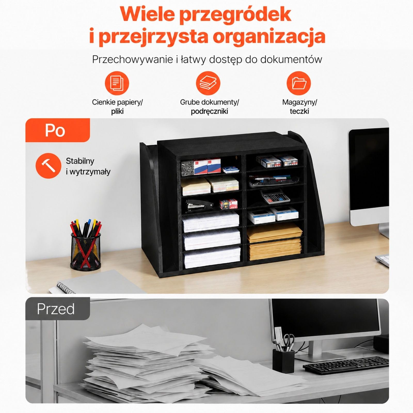 Czarny organizer z płyty wiórowej na dokumenty, 12 przegródek i pionowa sekcja na teczki, do biura, klasy, akt, książek oraz papieru