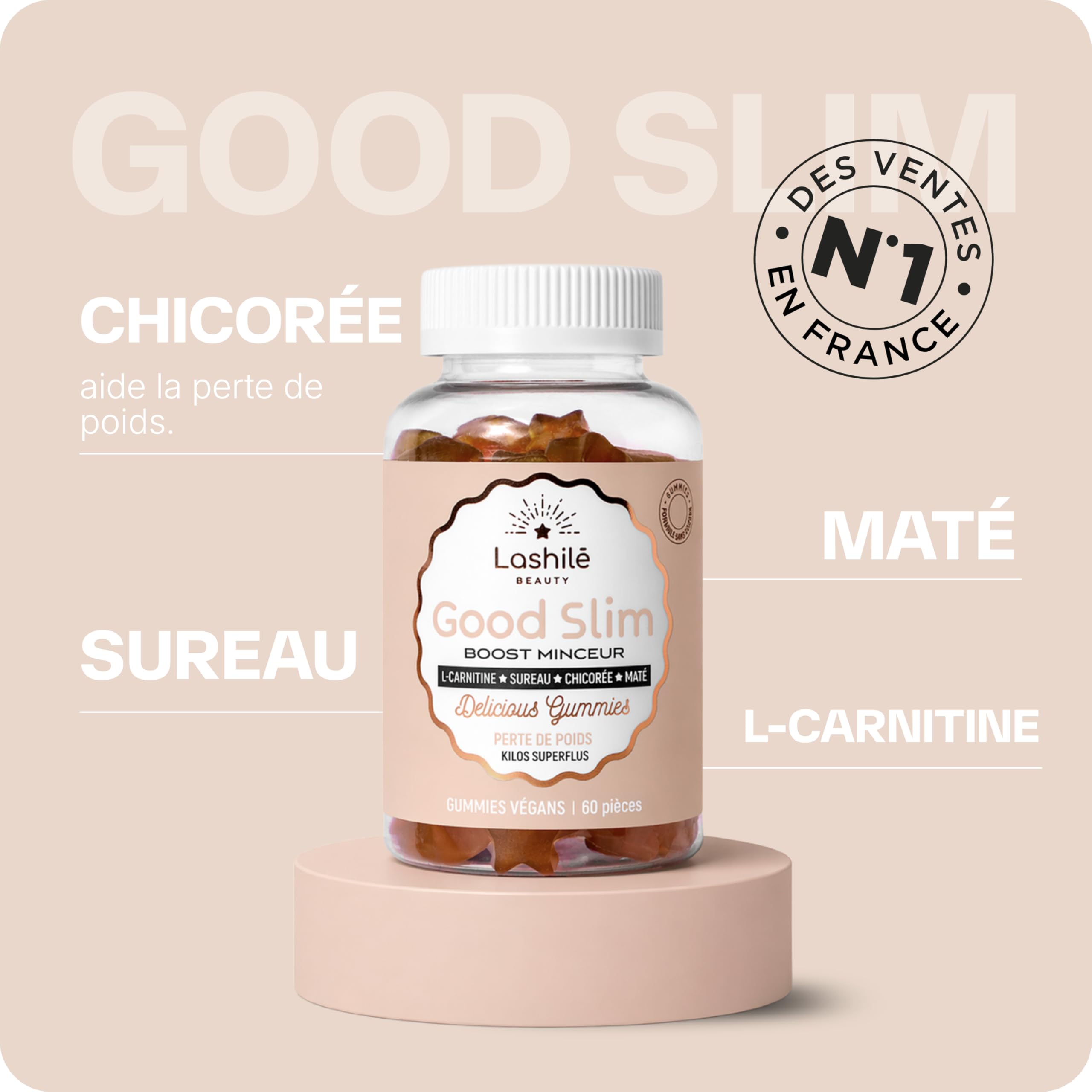 Lashilé Beauty - Gummies Contrôle et perte de poids - Perte du poids Puissant & Silhouette - Good Slim - Complément alimentaire Minceur - L-Carnitine Maté Vit C & B6 - Cure 1 Mois 60 Gummies
