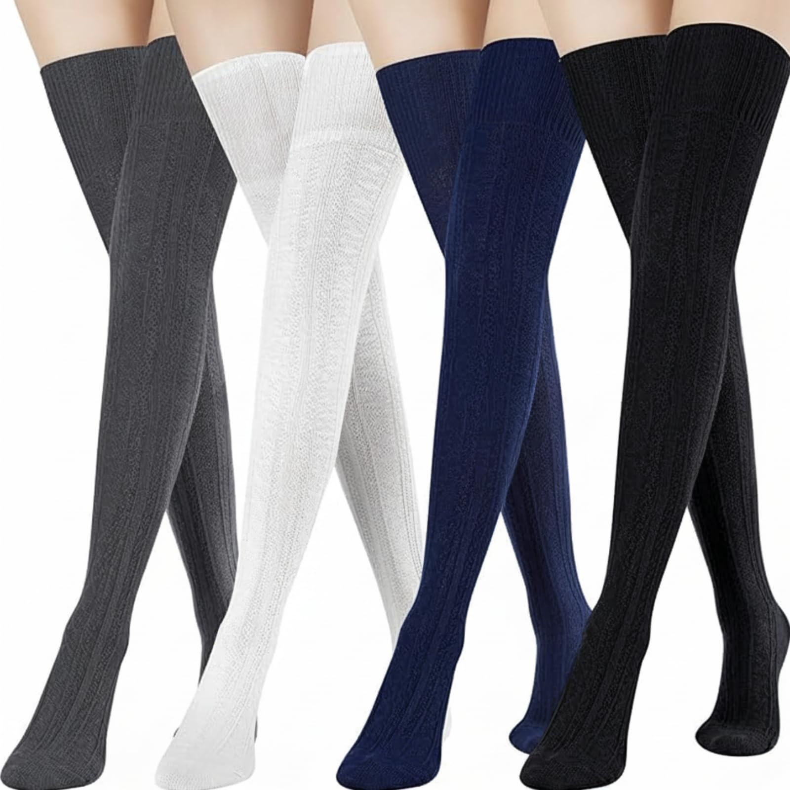 4 Pairs Women's Knit Thigh High Socks Over Knee Cotton Socks Leg Warmers-image-49