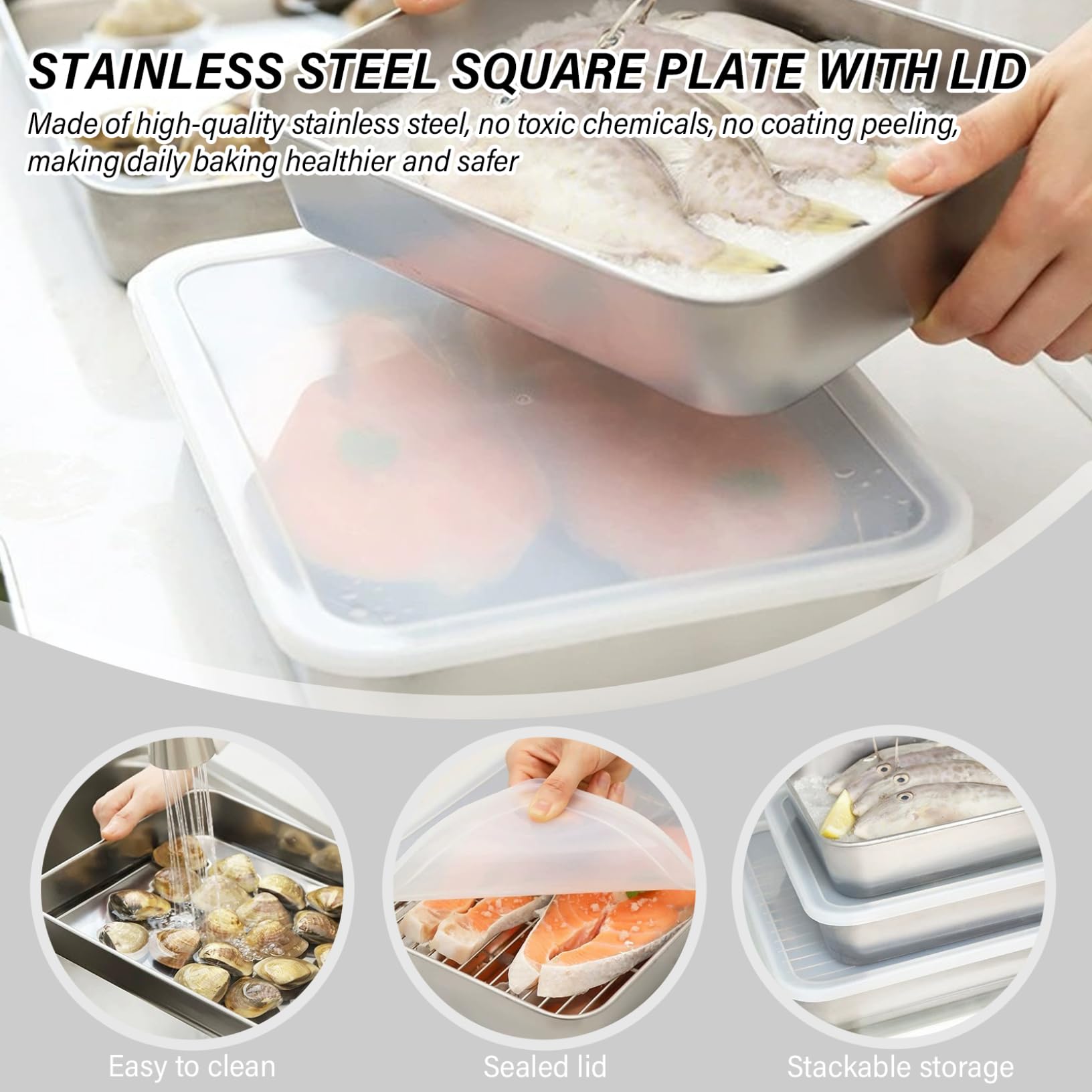 Placa cuadrada de acero inoxidable con tapa, 2 piezas de bandejas de acero inoxidable 10x8x2 para alimentos, molde para hornear cuadrado apilable con fondo plano, sartén fácil de limpiar con tapa